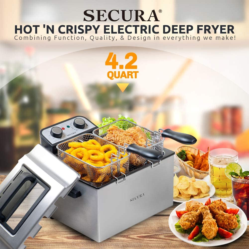 Professional Grade Stainless Steel Electric Deep Fryer - 1800W-Watt, Large 4.0L/4.2Qt Capacity, Triple Basket and Timer Included, Gray