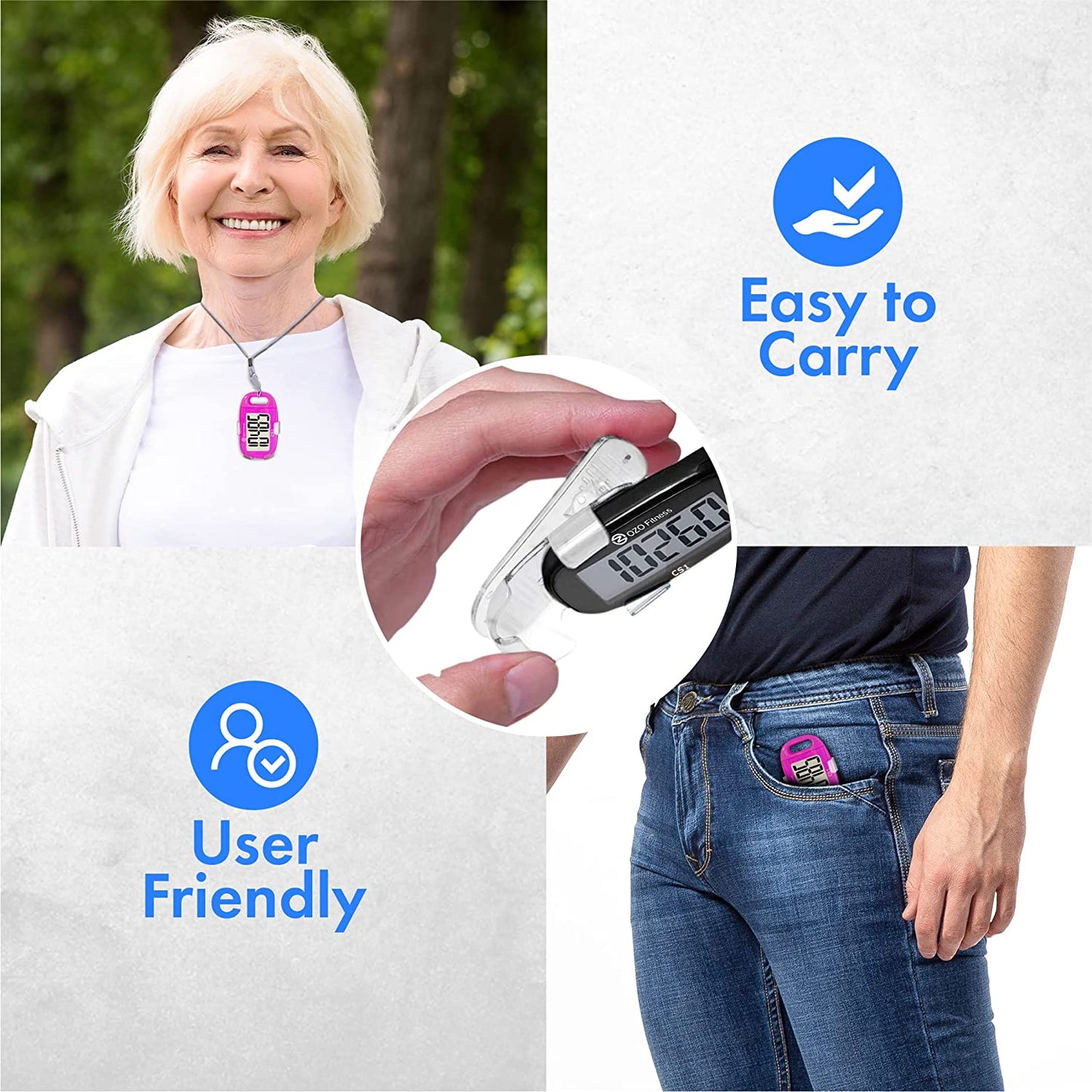 Easy Pedometer: Step Counter with Large Display, Clip-on, and Lanyard