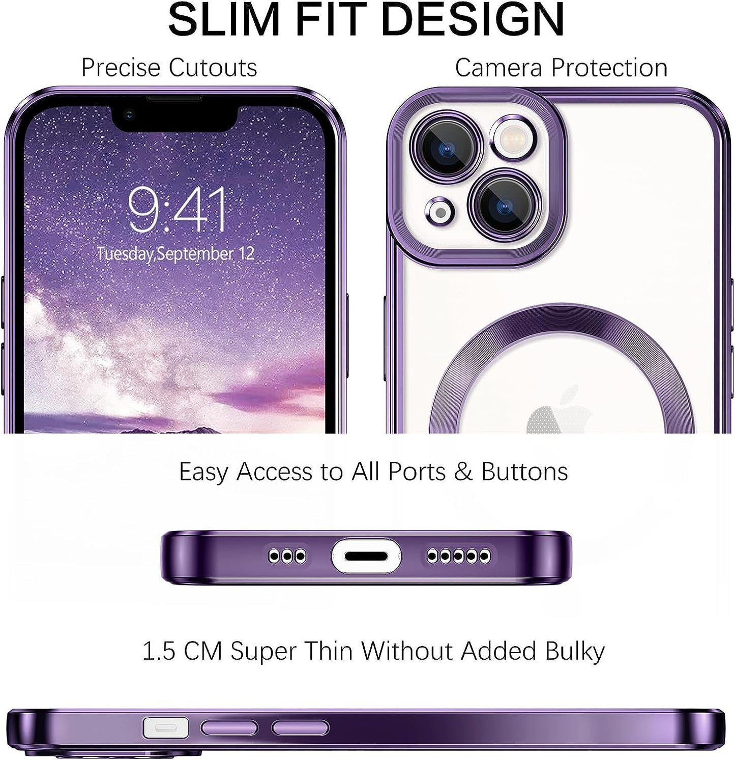 iPhone 13 Case - Cute luxury clear phone case with Magsafe support, shockproof, full-body camera protection. Designed for iPhone 13 2021, 6.1-inch. Clear purple color.
