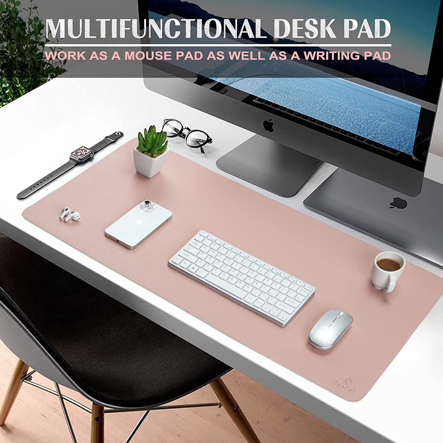 Pink Desk Pad/Office Desk Mat, 31.5" x 15.7" PU Leather Desk Blotter, Laptop Desk Mat, Waterproof Desk Writing Pad for Office and Home, Dual-Sided