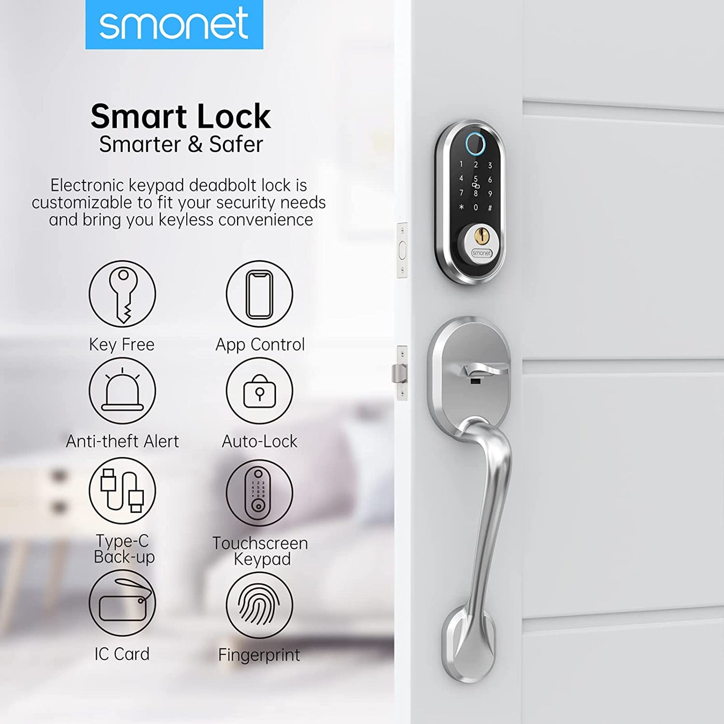 Smart Deadbolt Lock Fingerprint Electronic Door Lock with Keypad-Bluetooth Keyless Entry, App Control, Ekeys Sharing, App Monitoring, Auto Lock for Homes and Hotels