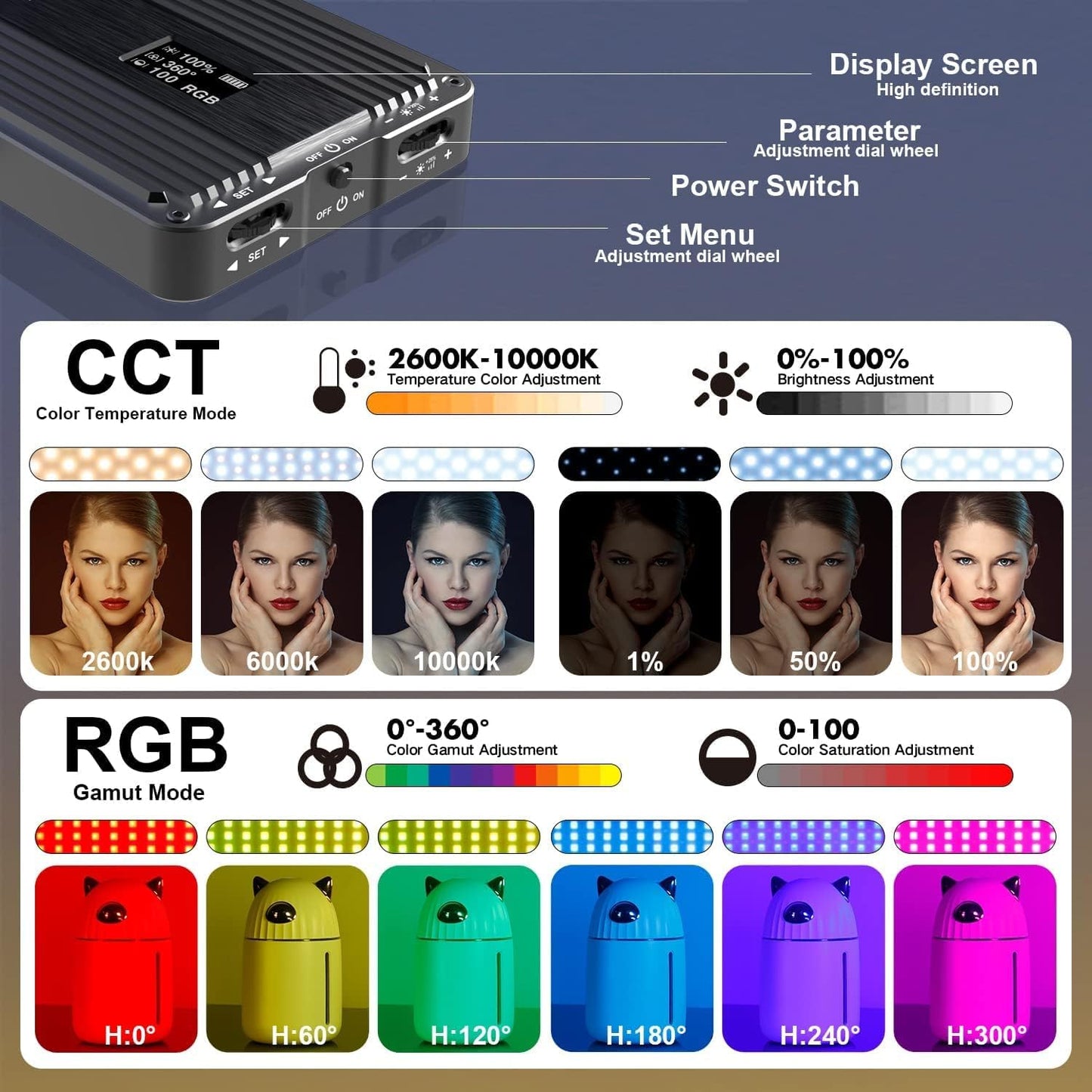 Pocket RGB Camera Light with Rechargeable Battery, Full Color Gamut, and Adjustable Stand