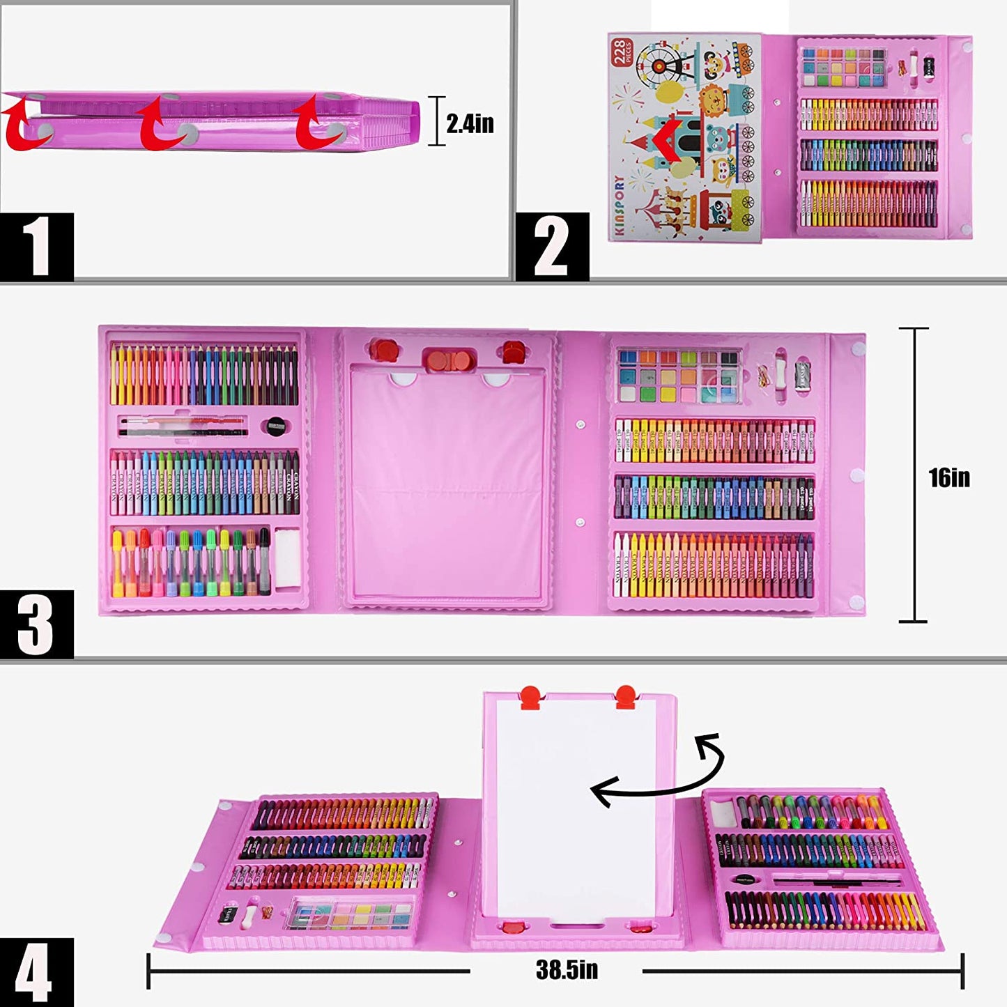 228 Pack Kid's Art Set - Crafts Drawing Coloring kit, Double-Side Trifold Art Easel, Oil Pastels, Crayons, Colored Pencils, Creative Gift for Beginners Artists