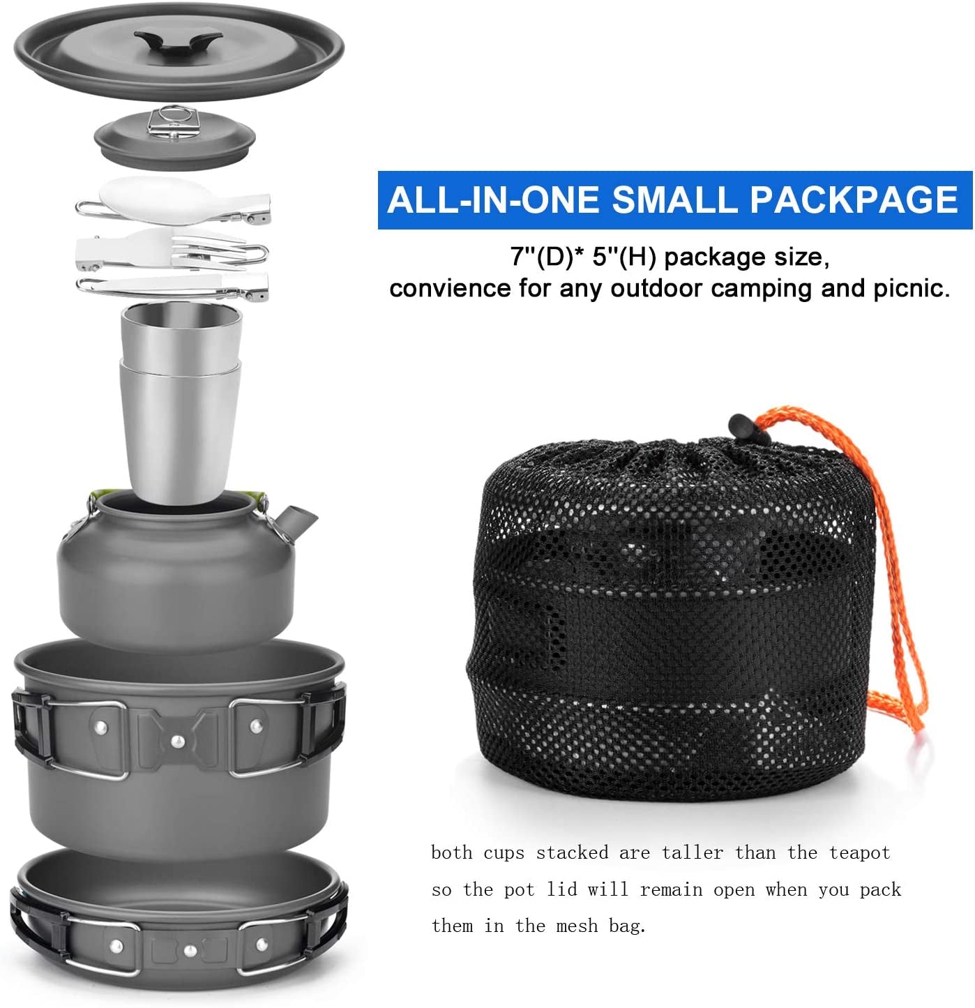 Folding 10pcs Camping Cookware Mess Kit Cookset, Lightweight Pot Pan Kettle with 2 Cups, Fork Knife Spoon Kit for Outdoor Camping Hiking and Picnic