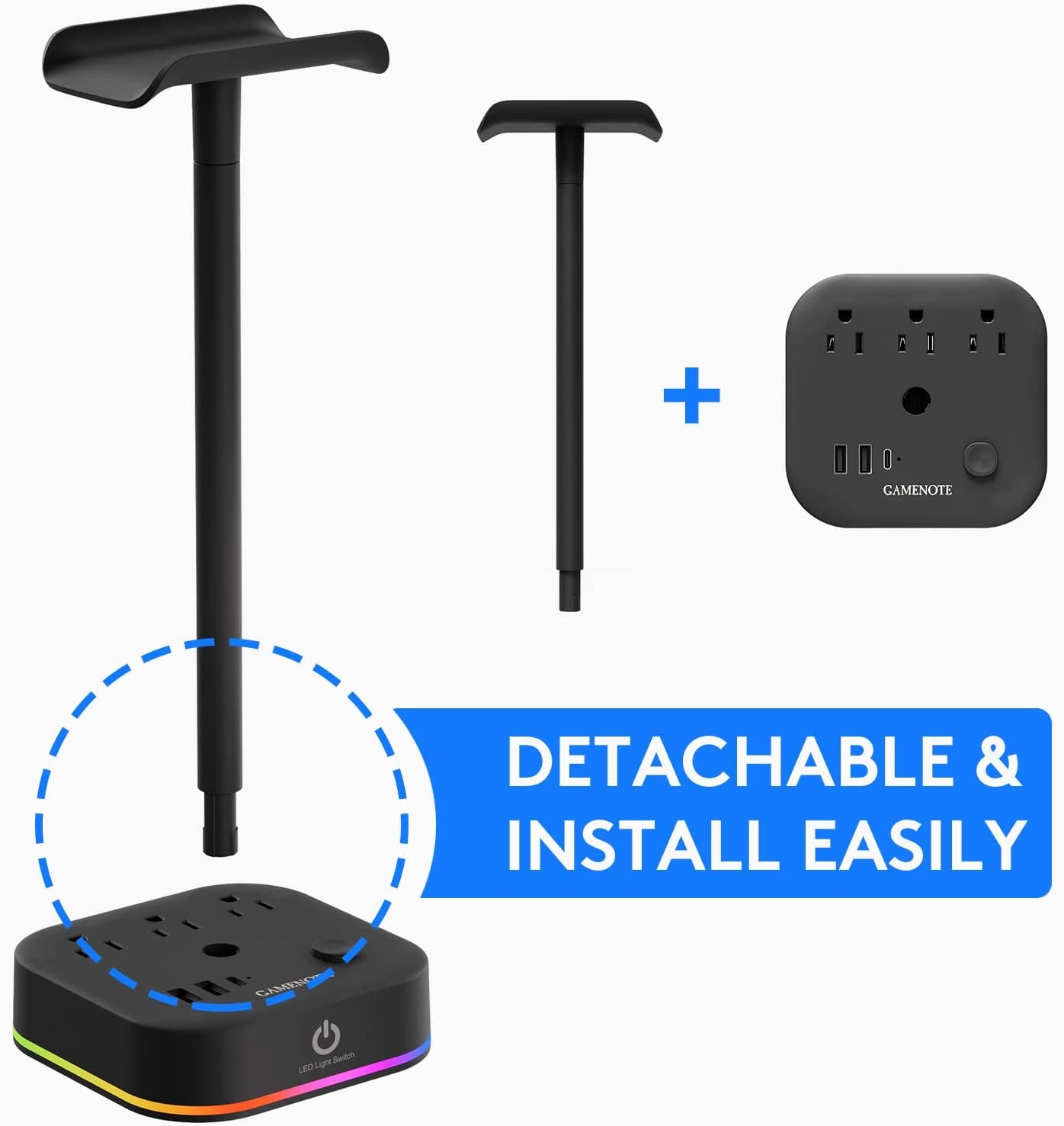 RGB Headphone Stand with USB Charger and Power Outlets - Desktop Gaming Headset Holder with Multiple Charging Ports and Accessories