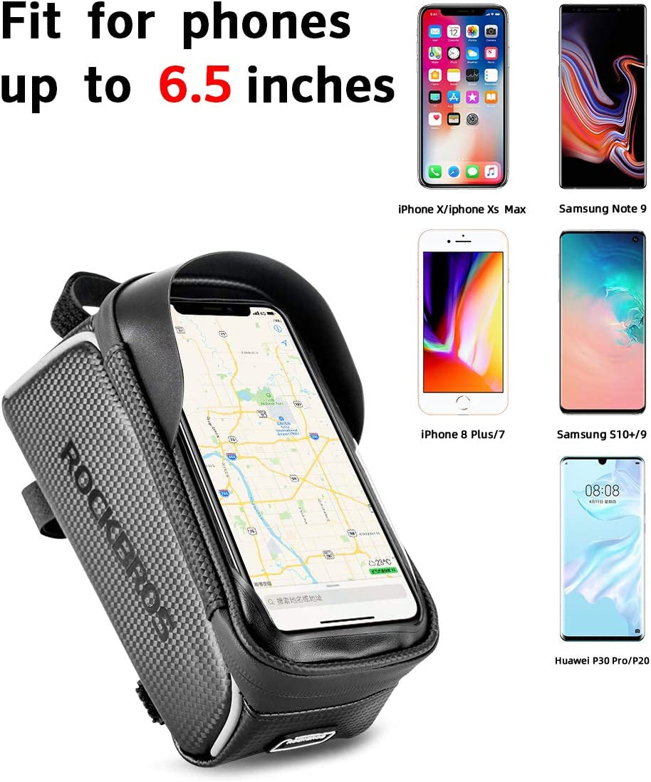 Waterproof Bike Phone Bag - Top Tube Bicycle Front Frame Pouch for iPhone Xs Max, Samsung S10 - Bike Accessories Bag with Phone Holder - Compatible with iPhone 11 Pro Plus