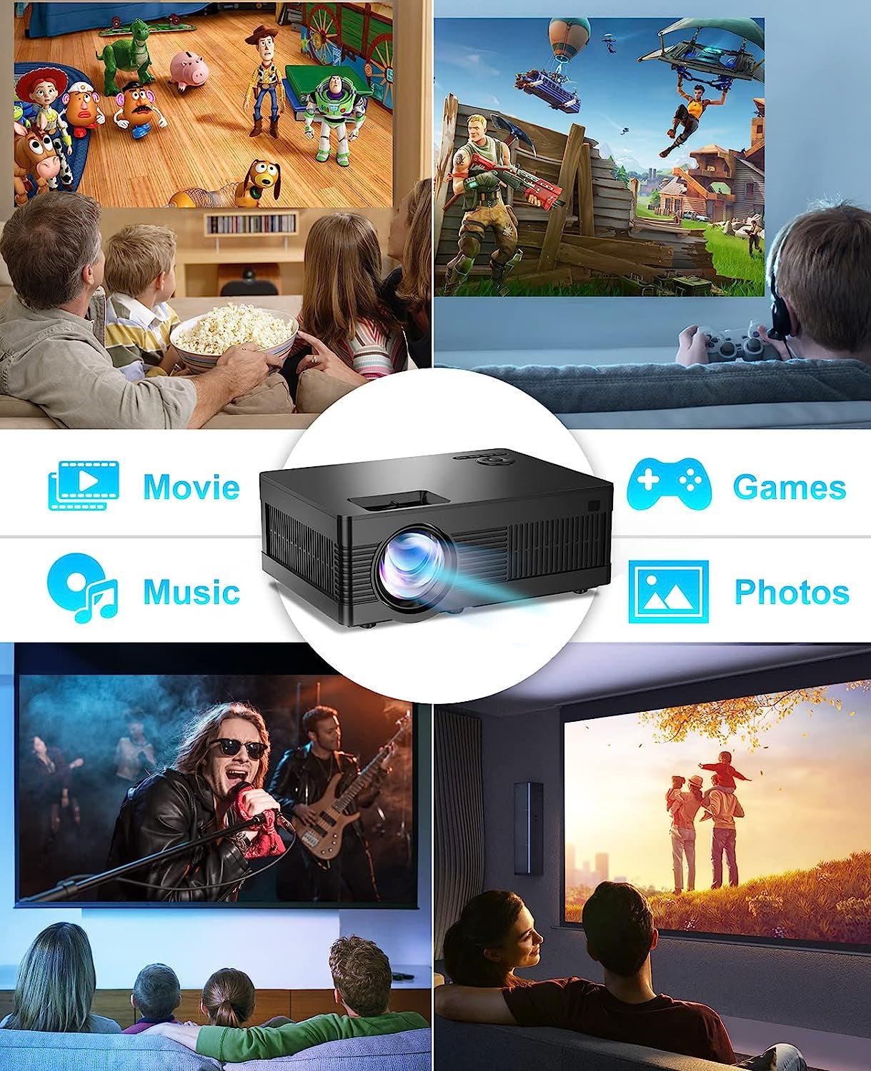 Full HD 1080P Movie Projector with 100" Screen and 9500 Lumens - Enjoy a 220" Outdoor Projection Home Theater Experience. Compatible with TV Stick, Video Games, HDMI, USB, TF, VGA, AUX, and AV