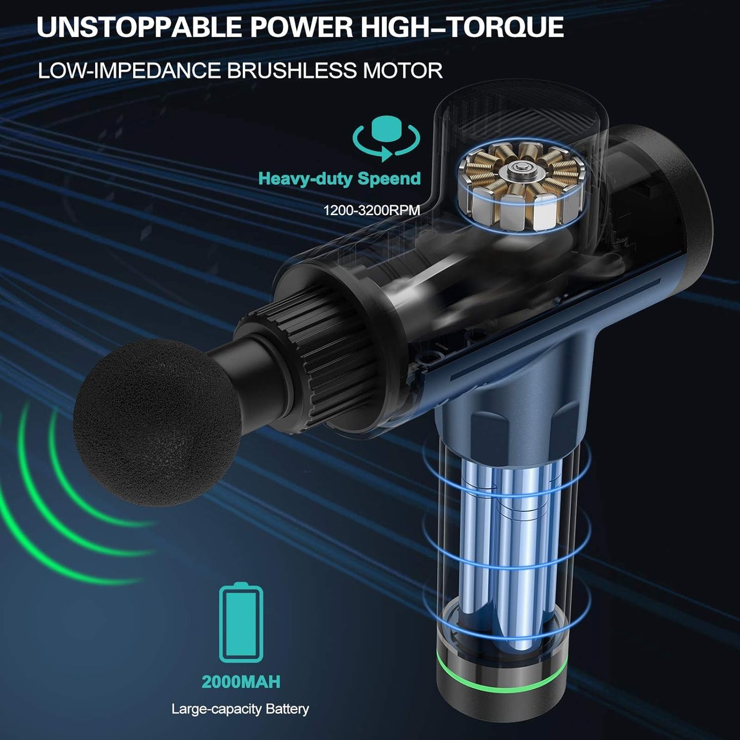 Deep Tissue Muscle Percussion Massage Gun - Handheld Body Massager for Athletes' Pain Relief and Relaxation, Ultra-Quiet Brushless Motor, Wireless with 20-Speed Levels