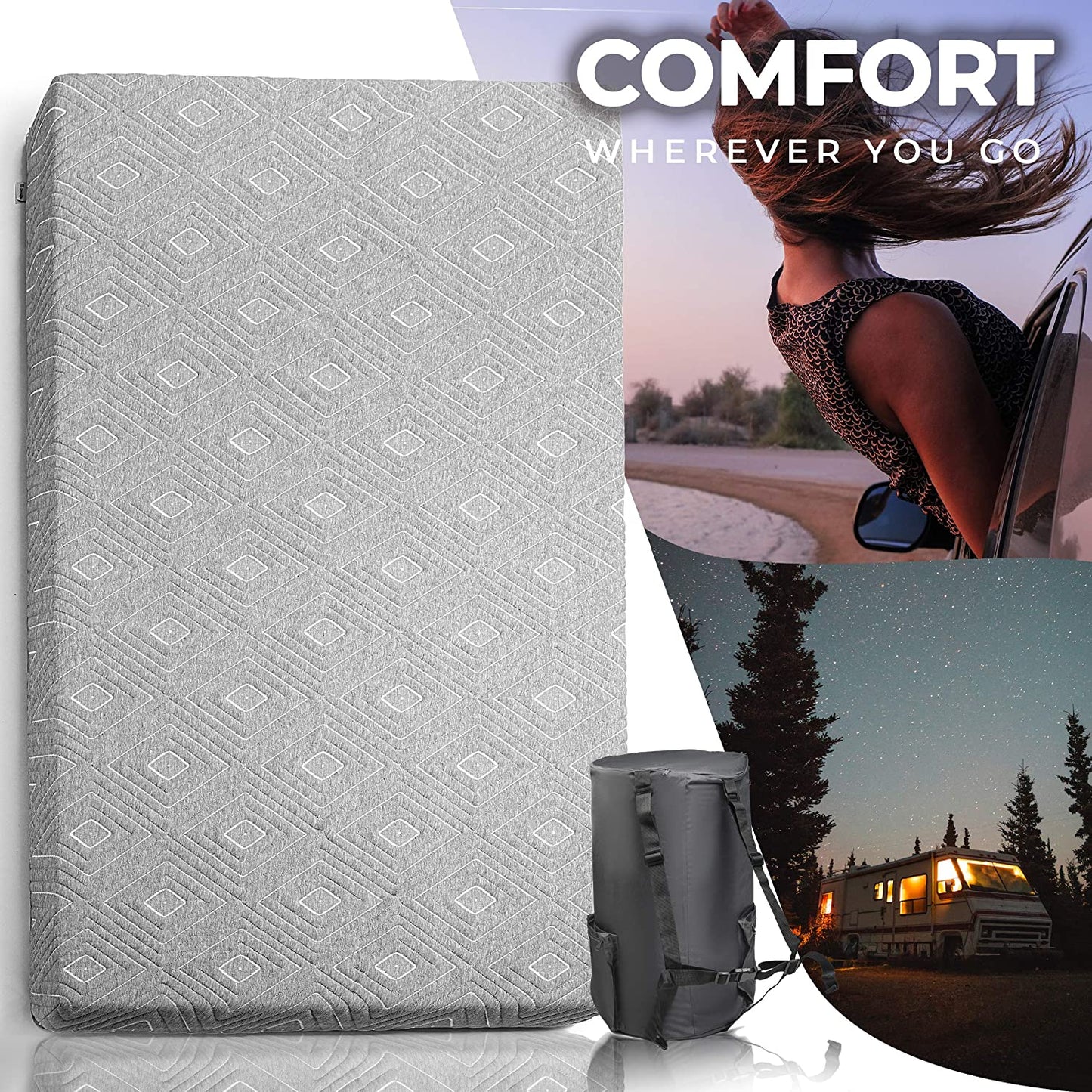 Portable Roll-Up Travel Mattress - Features CertiPUR-US 3” Cooling Gel Infused Memory Foam Sleeping Pad, Ideal for Camping, Car Trips, and as a Bed Topper; Includes Waterproof Cover, Carry Bag; Suitable for Kids, Cots, Singles, and Twins.