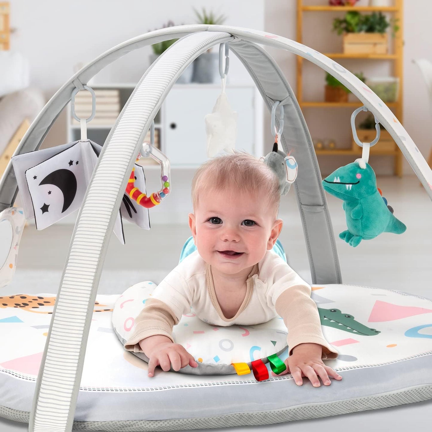 Baby Play Gym Mat 7 in 1 with 2 Replaceable Washable Mat Covers with 6 Toys, Visual, Hearing, Touch, Cognitive Development for Infant and Toddler, Thicker Non Slip