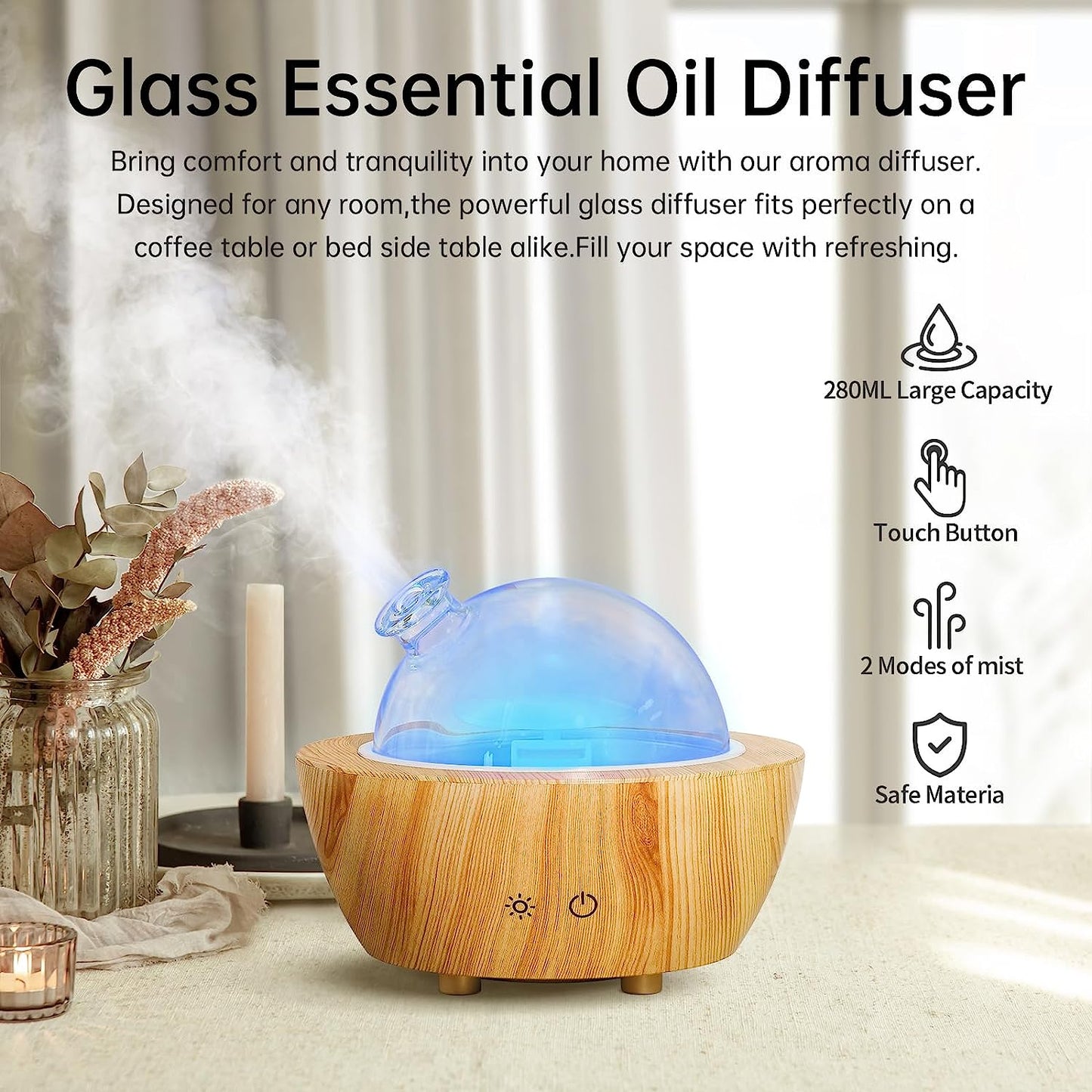 Glass Essential Oil Diffuser with Wood Grain Base, 280ml Aromatherapy Cool Mist Humidifier, LED Light in 7 Colors with Waterless Auto-Off Protection for Office, Home, Yoga, Spa
