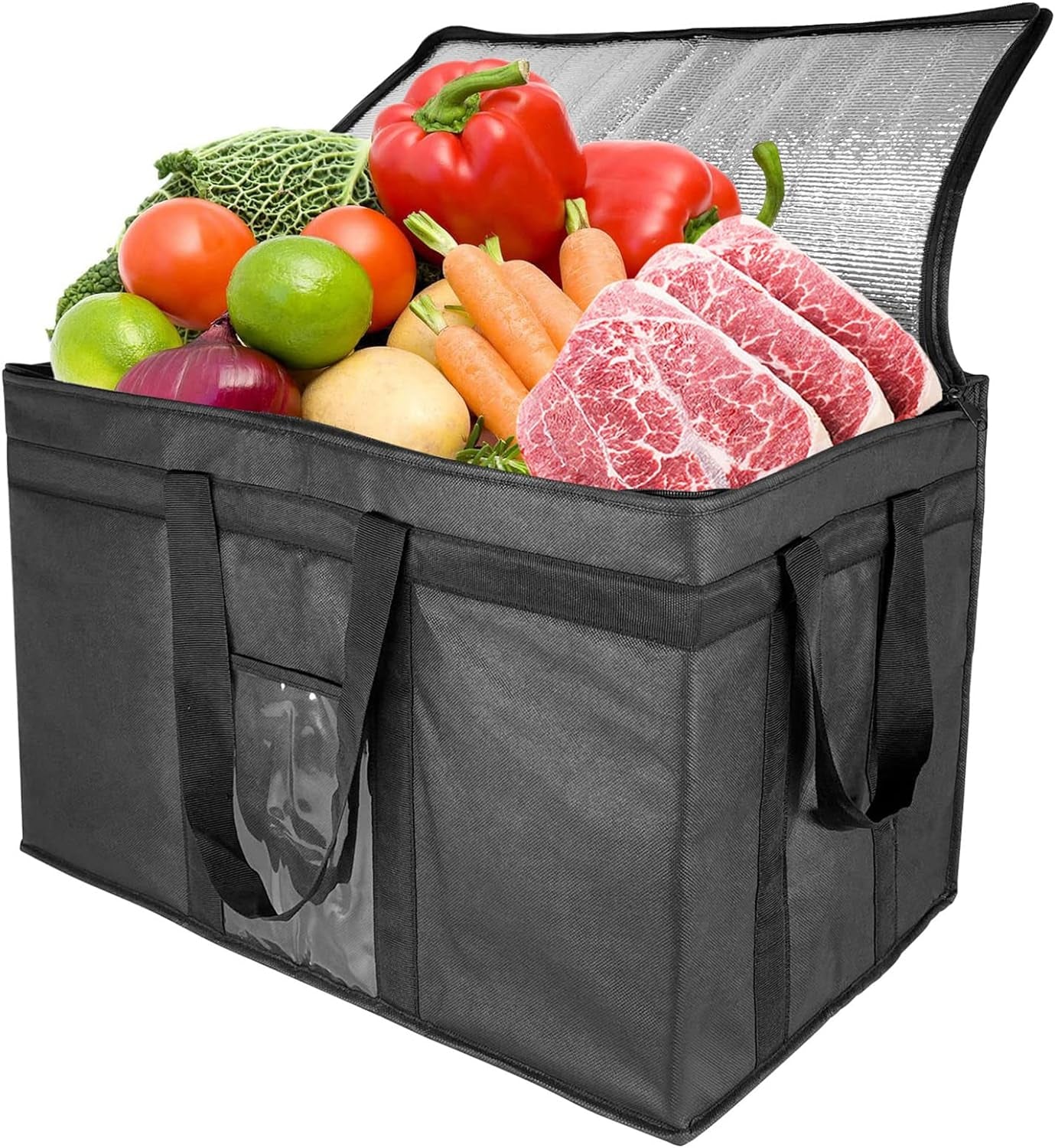 Extra Large Insulated Cooler Bag with Zipper Closure - Reusable Grocery Shopping Bag for Hot or Cold Food - Collapsible Delivery Bag for Instacart, Restaurants, and Food Transport - 23"W x 15"H x 14"D (Black)