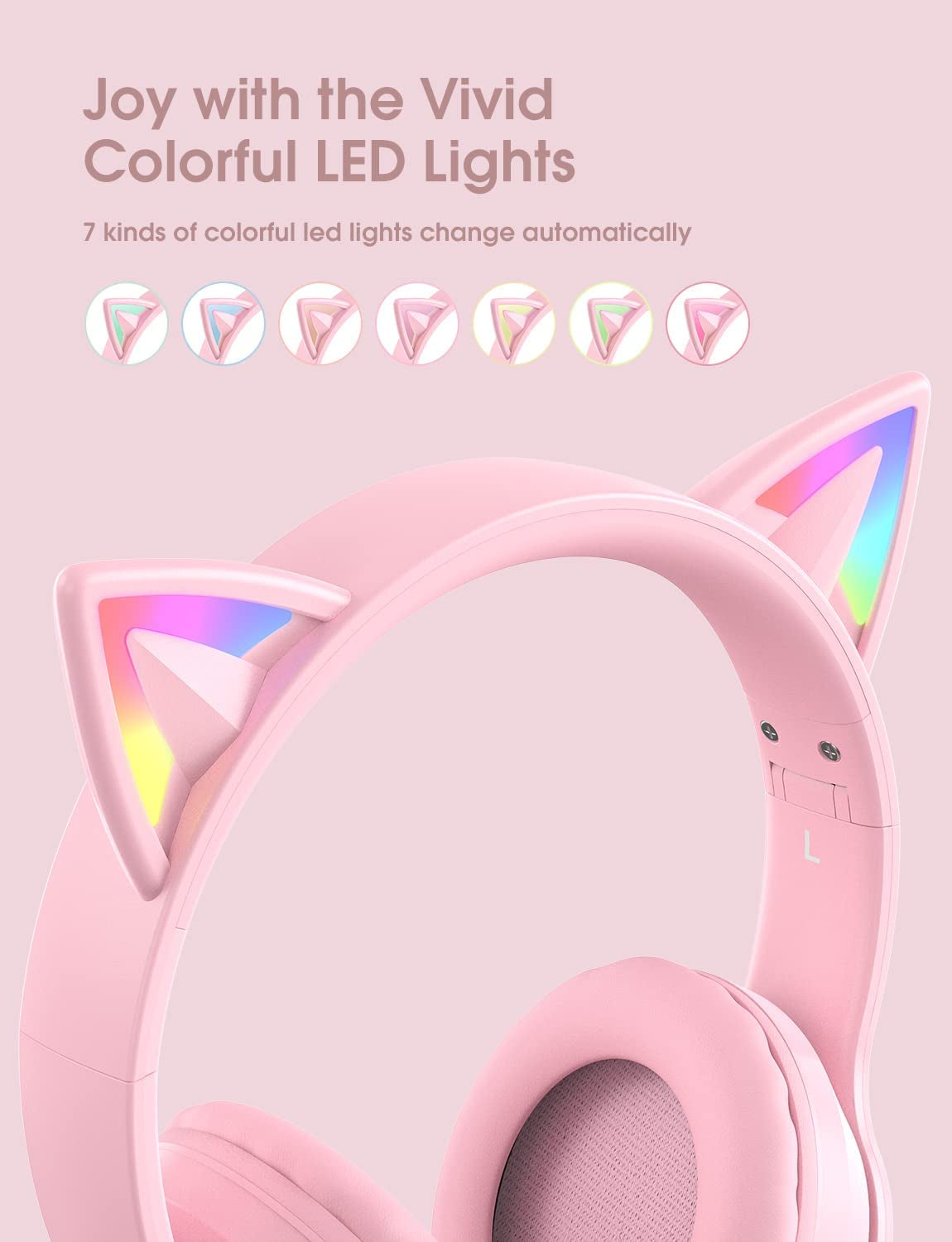 Cat Ear LED Light up Bluetooth Kids Headphones: Wireless Foldable Over-Ear School Headphones with Microphone, 85dB Volume Limiting, HI-FI Sound, for iPhone/iPad/Laptop/PC, Toddlers Study Headphones
