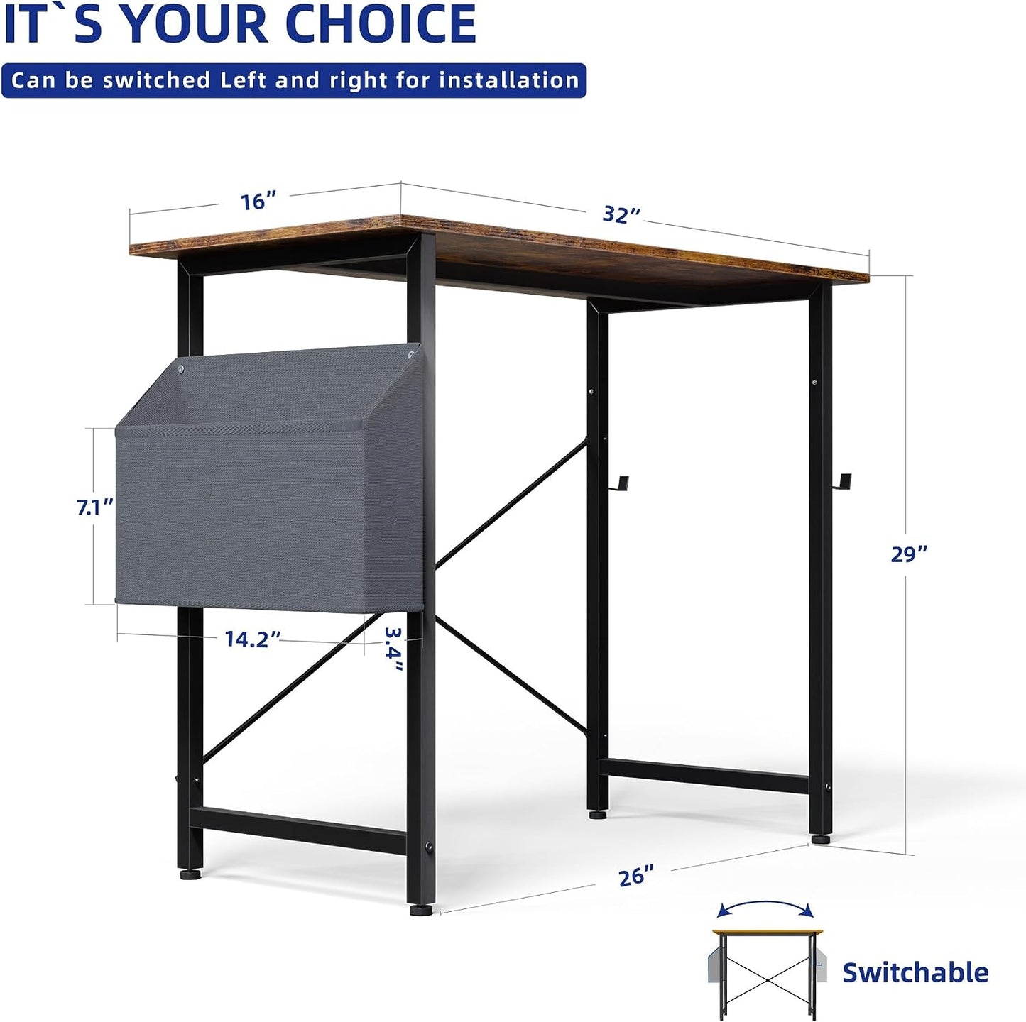 32-Inch Small Office Computer Desk with Storage Bag, Headphone Hook, and Study Writing Table