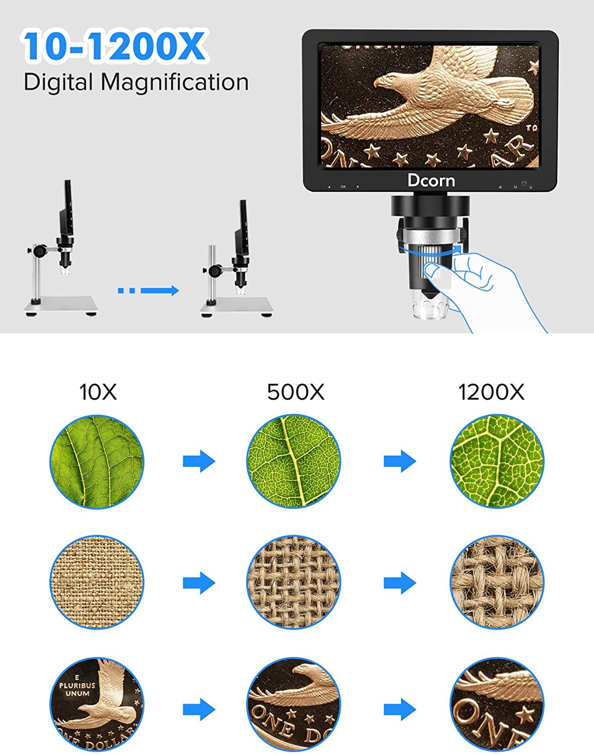 Digital Microscope 7" 1200X, 12MP 1080P Photo/Video Microscope with 32GB TF Card for Soldering, Coins, Metal Stand, Wired Remote, 10 LED Fill Lights, PC View, Windows/Mac Compatibility