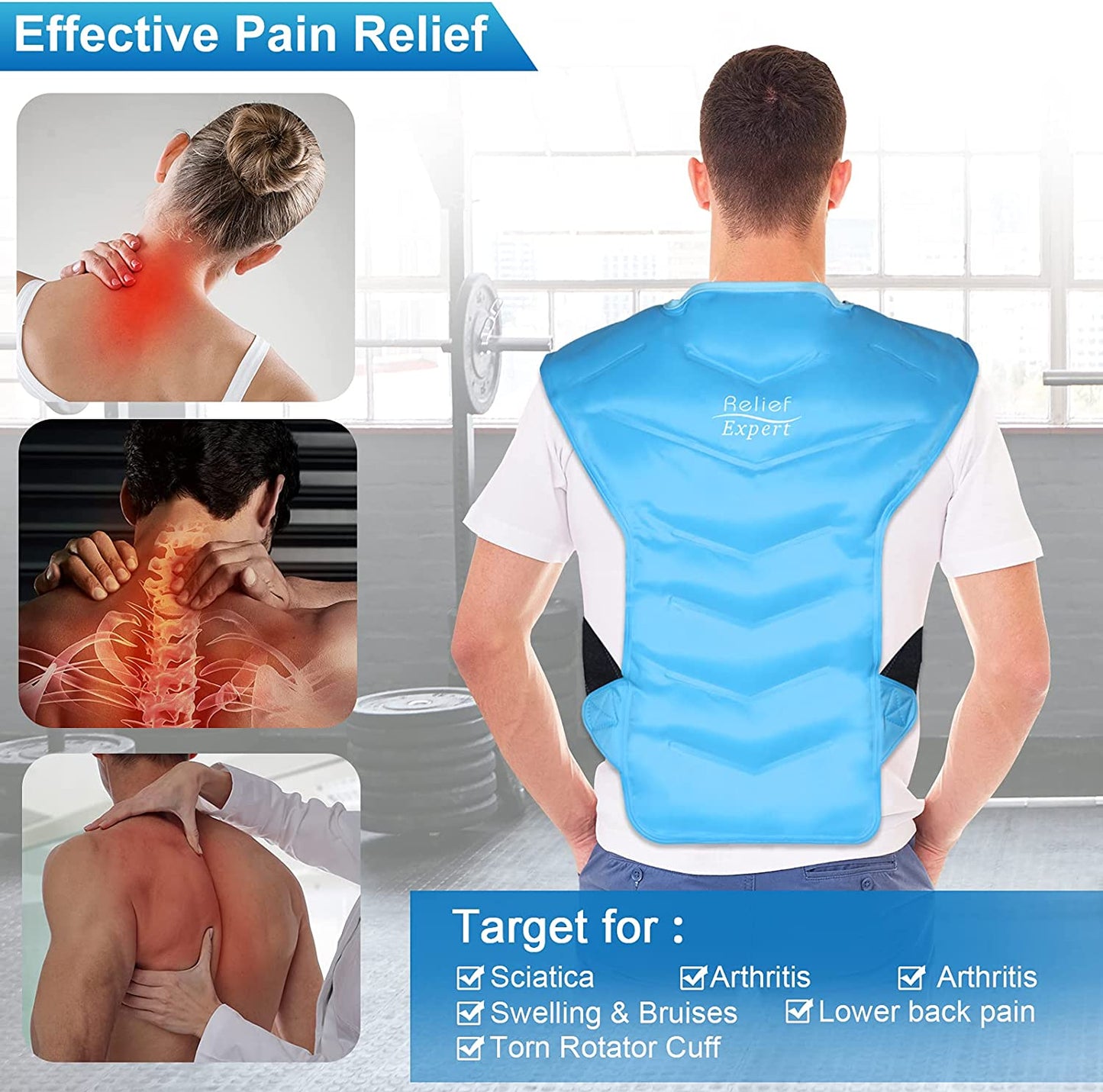 Full Back and Shoulder Ice Pack Wrap with Straps - Cold Therapy for Rotator Cuff Injuries, Reusable Gel Packs for Effective Cold Compression and Pain Relief in the Entire Back and Shoulders - Enhanced with Soft Plush Lining