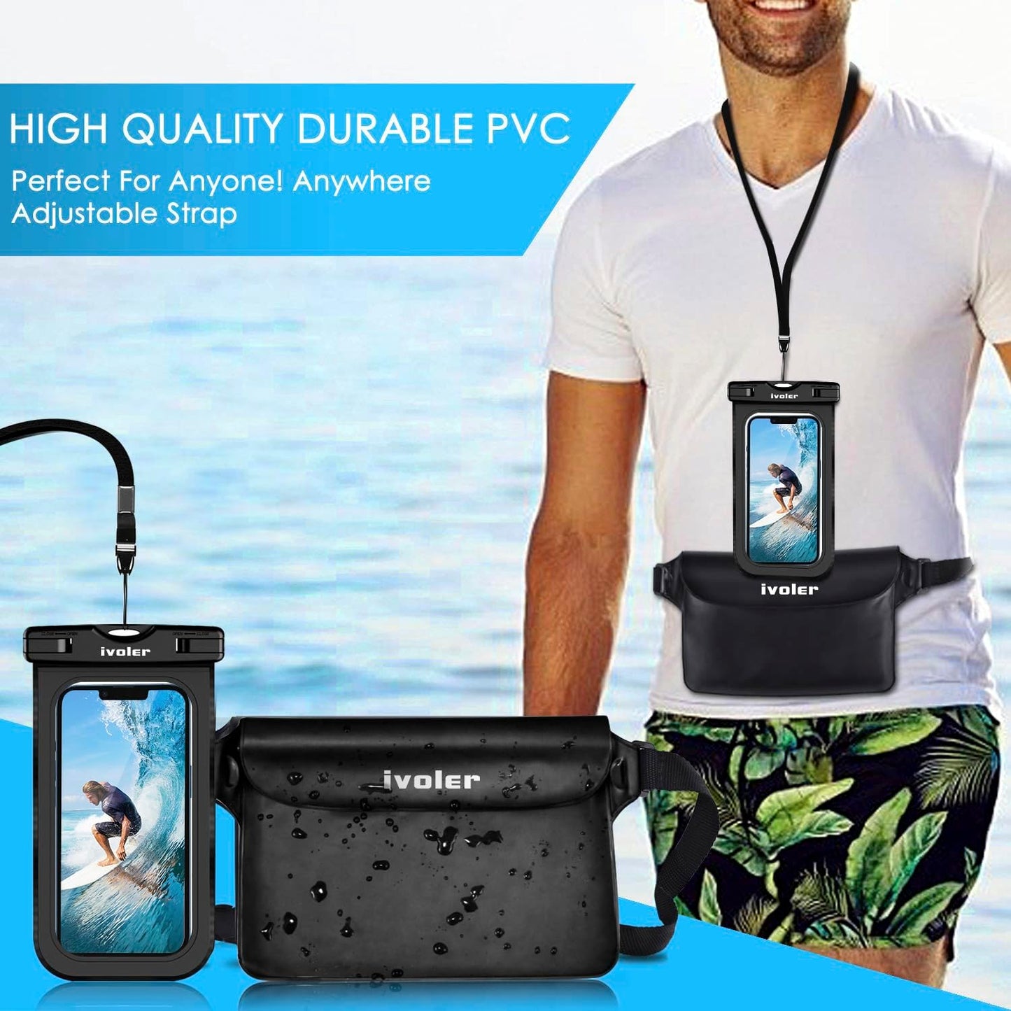 Waterproof Pouch Bag with Phone Case - Ultra Clear Waterproof Pouch Phone Dry Bag for Devices Under 6.5 inches - Long Adjustable Waist Strap for Outdoor Water Sports, Fishing, Swimming, Boating, Kayaking, and Hiking
