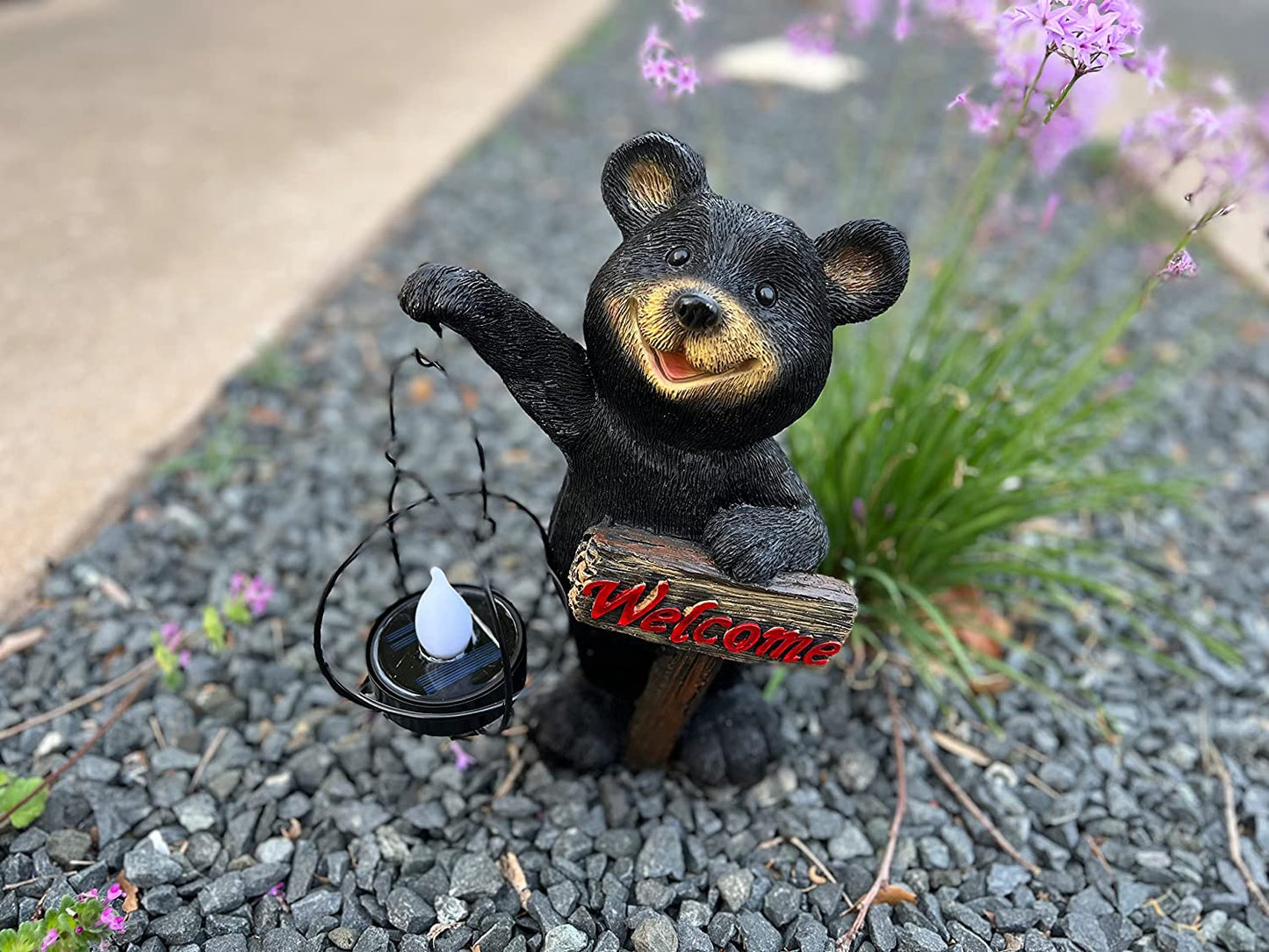 Solar Powered LED Bear Welcome Sign - Outdoor Garden Statue Decor featuring Bear Figurines with Garden Light; Adds a Whimsical Touch to Front Yards, Patios, Yards, Lawns, and Outside Houses.