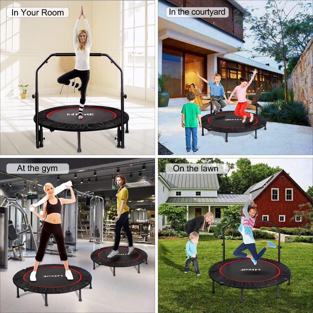 Foldable Fitness Trampolines with Adjustable Heights Foam Handrail - Rebound Recreational Exercise Trampoline for Kids and Adults - Indoor & Outdoor Use - Maximum Load Capacity of 440lbs