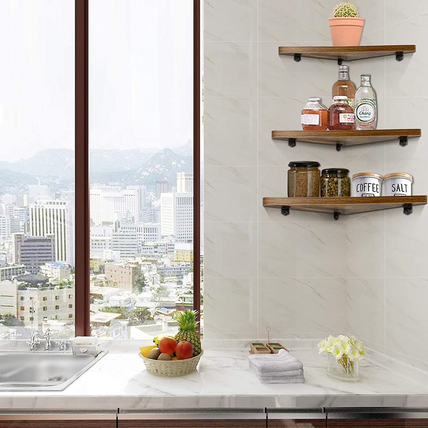 Pack of 6 Rustic Wood Corner Wall Shelves - Designed for Home, Kitchen, Bedroom, Living Room, Office, and Nursery - Adds Functional and Decorative Storage.