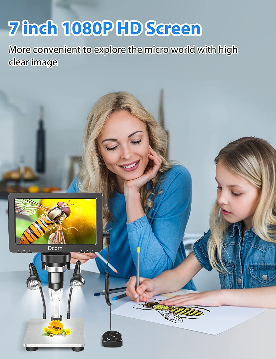 Digital Microscope 7" 1200X, 12MP 1080P Photo/Video Microscope with 32GB TF Card for Soldering, Coins, Metal Stand, Wired Remote, 10 LED Fill Lights, PC View, Windows/Mac Compatibility