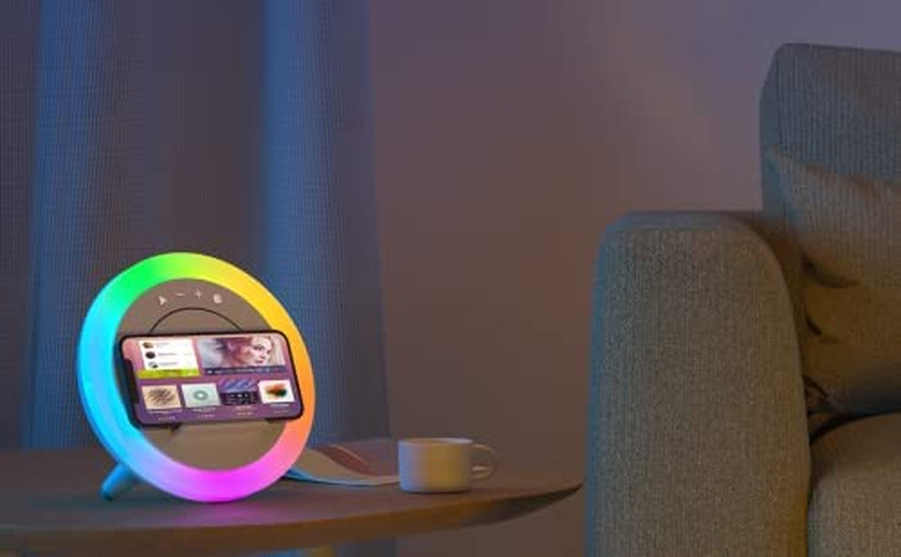 Bluetooth Speaker with Lights - Wireless Charging Speaker, Dimmable Multi-Color Modern Night Lamp, Ideal for Bedroom, Teen Girl Gifts, Please Use the Original Adapter (5W Wireless Charging)