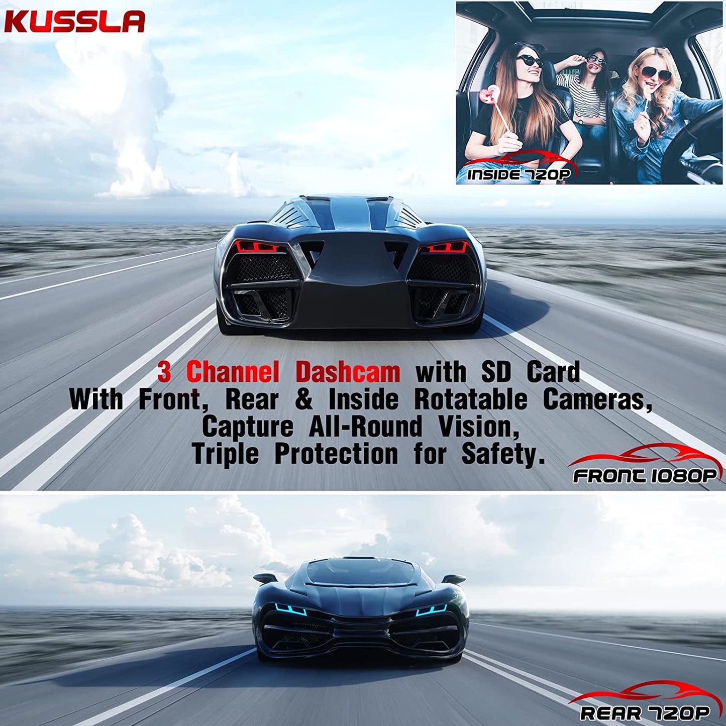 Rotatable Dashcams for Cars with 3 Channel Front and Rear Inside FHD 1080P Dash Cam, SD Card Included, Super Night Vision, Loop Recording, G-Sensor, WDR, and Motion Detection