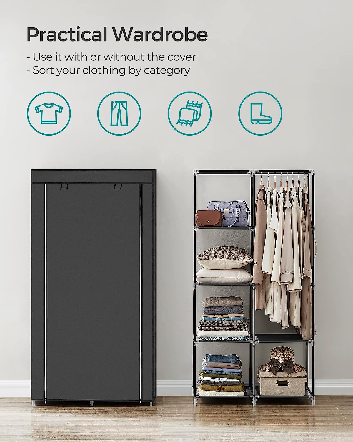 Portable Closet: Clothes Storage Organizer, Dimensions 17.7 x 34.6 x 66.1 Inches, Color Black