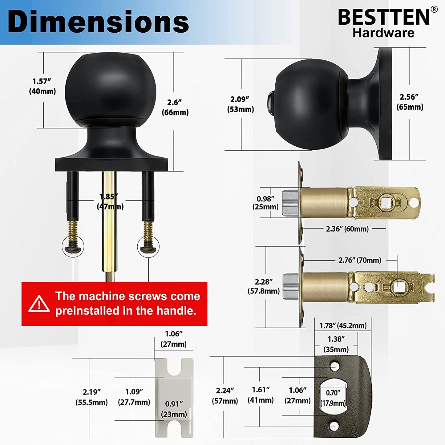 Matte Black Keyed Entry Door Knob - A Standard Ball-Shaped Entrance Door Lock with a Key, Constructed from All Metal for Durability.