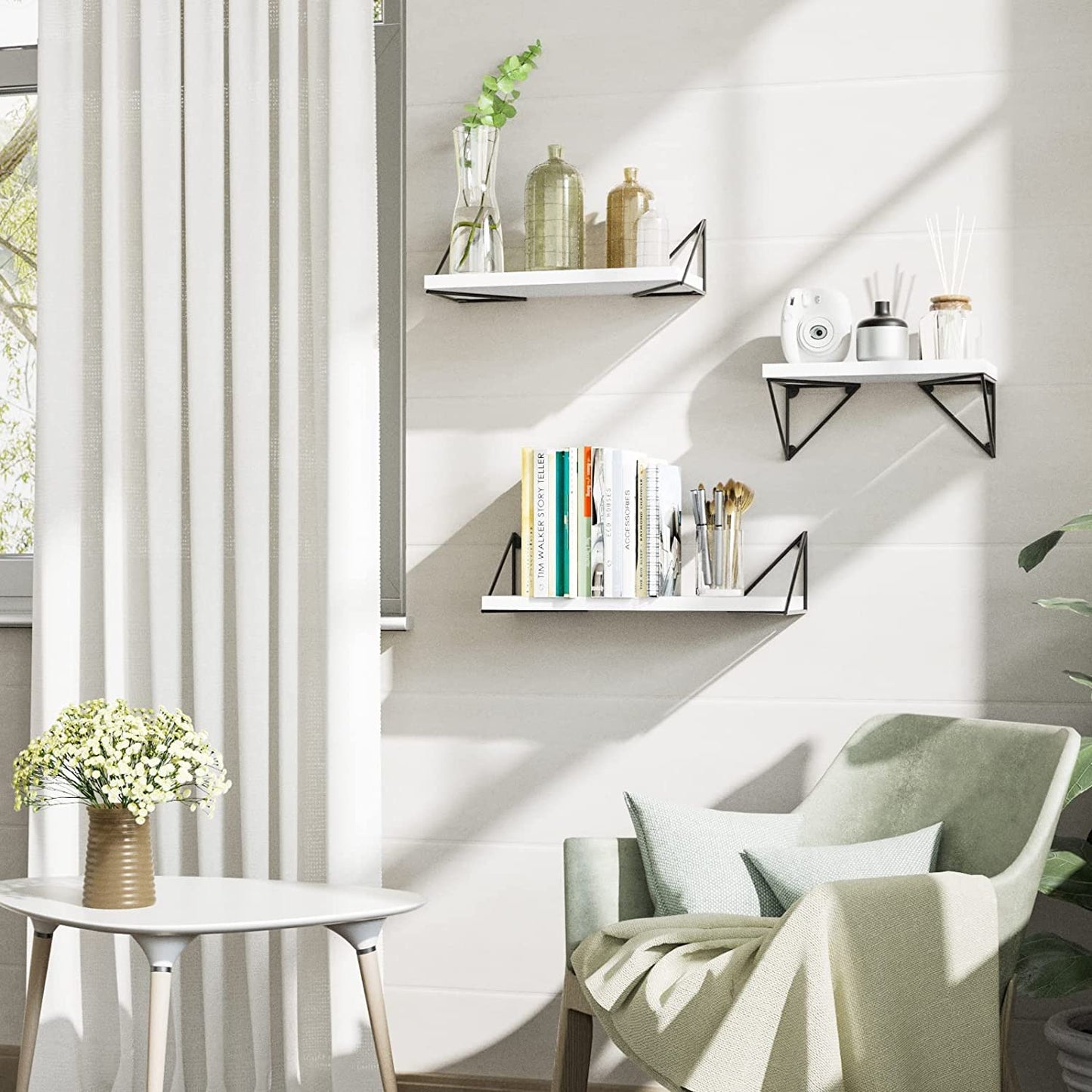 Set of 3 Floating Shelves - Wall Mounted - Rustic Design - Suitable for Bedroom, Bathroom, Living Room, and Kitchen - Color: White - Offers Stylish Wall Storage.