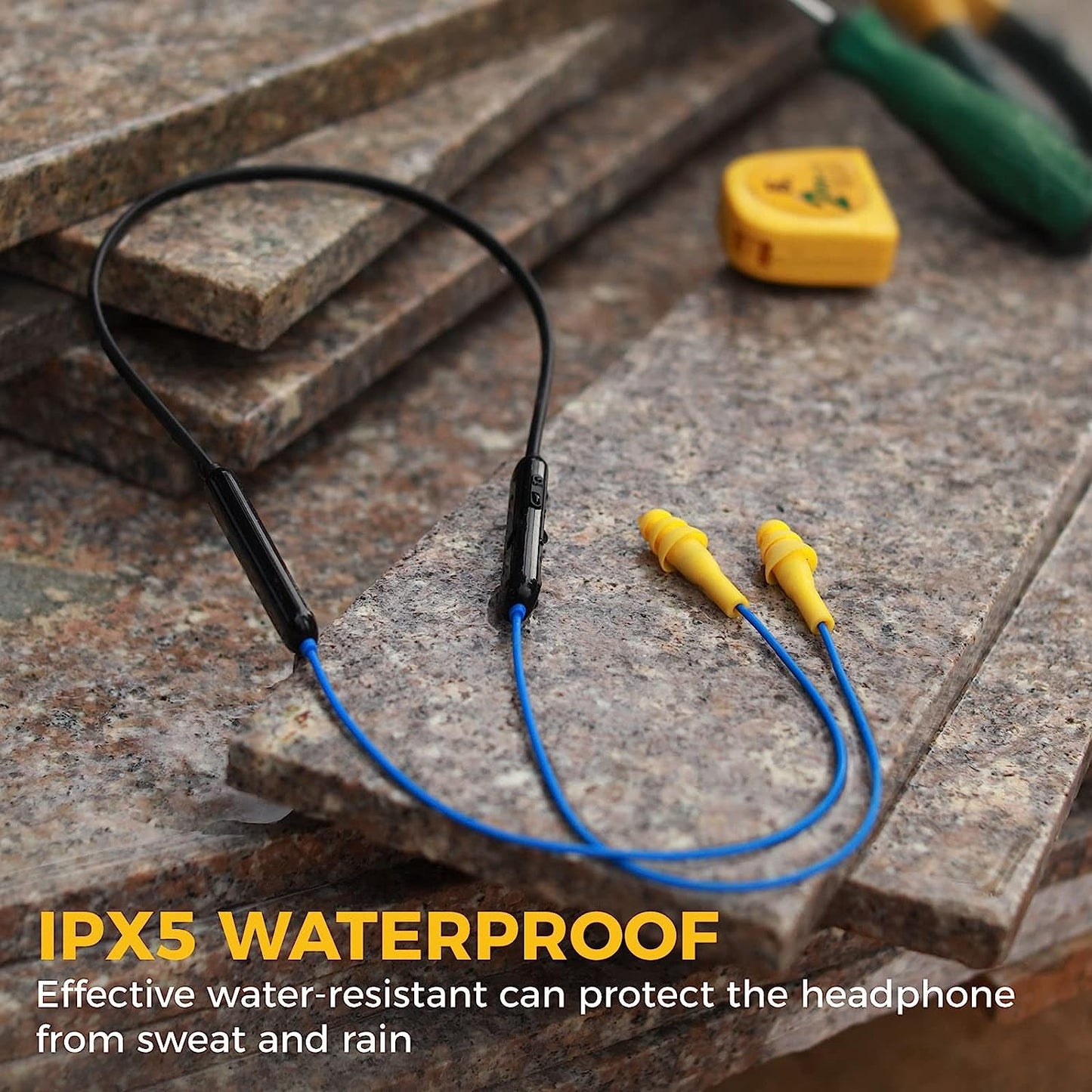 Neckband Bluetooth Ear Plugs - Wireless Bluetooth Earplug Headphones with 28dB Noise Reduction, In-Ear Isolating Earbuds, Built-in Mic, IPX5 Waterproof, and 16-Hour Battery Life for Work (Blue)