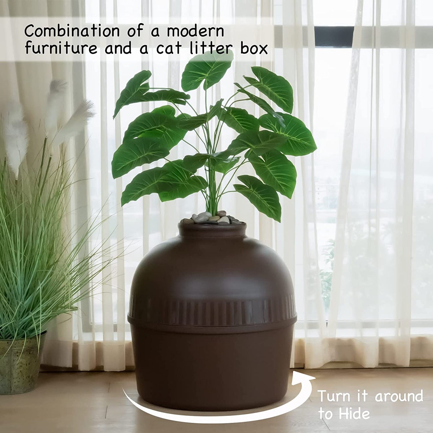 Enclosed Litter Box Enclosure, Plant Pot Design, Includes Faux Plant and Real Stones