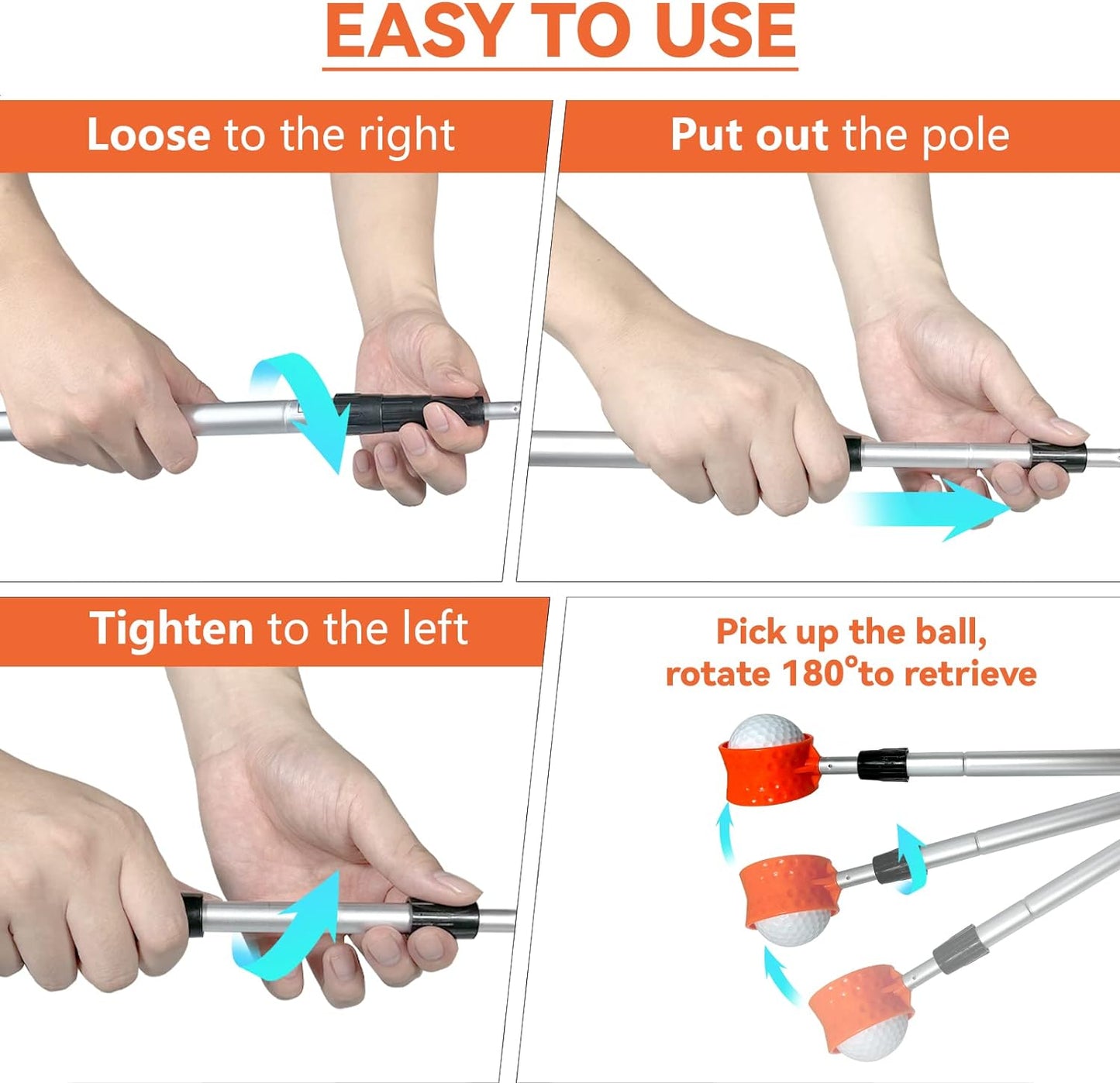 Telescopic Golf Ball Retriever - Portable Stainless/Aluminum Alloy Tool for Water, with Putter Attachment - Available in 7/9/12/15Ft Lengths