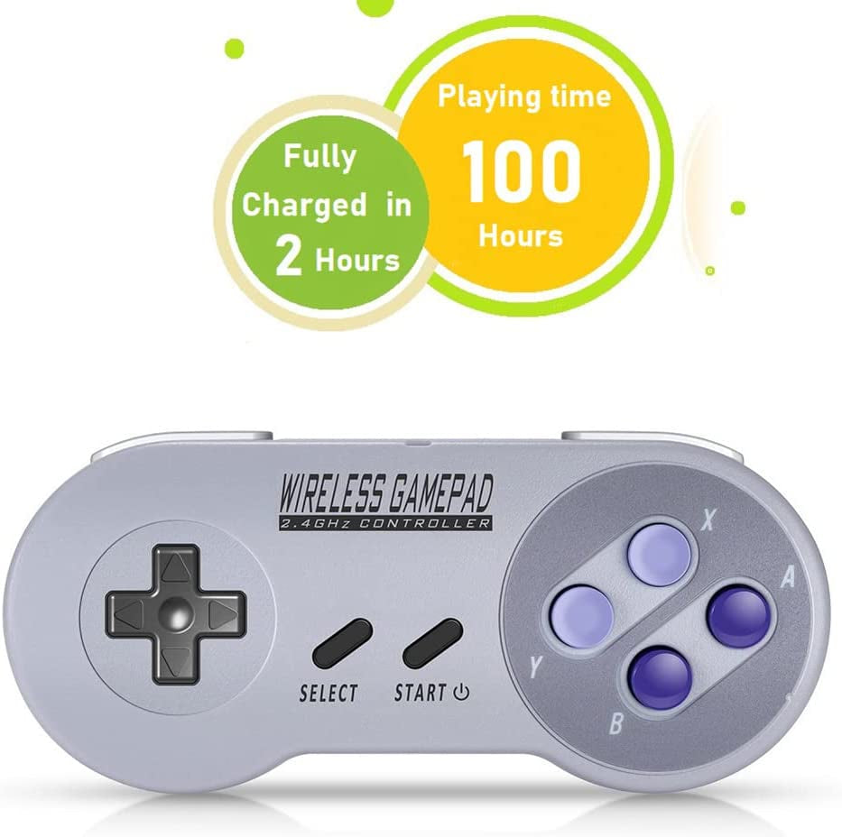 Mini SNES Wireless Controller (Classic Edition/Mini NES) - Not Compatible with Copied Console Gamepads. Includes USB Wireless Receiver for Switch, Windows, iOS, Linux, and Android Devices. Comes in a 2-Pack.