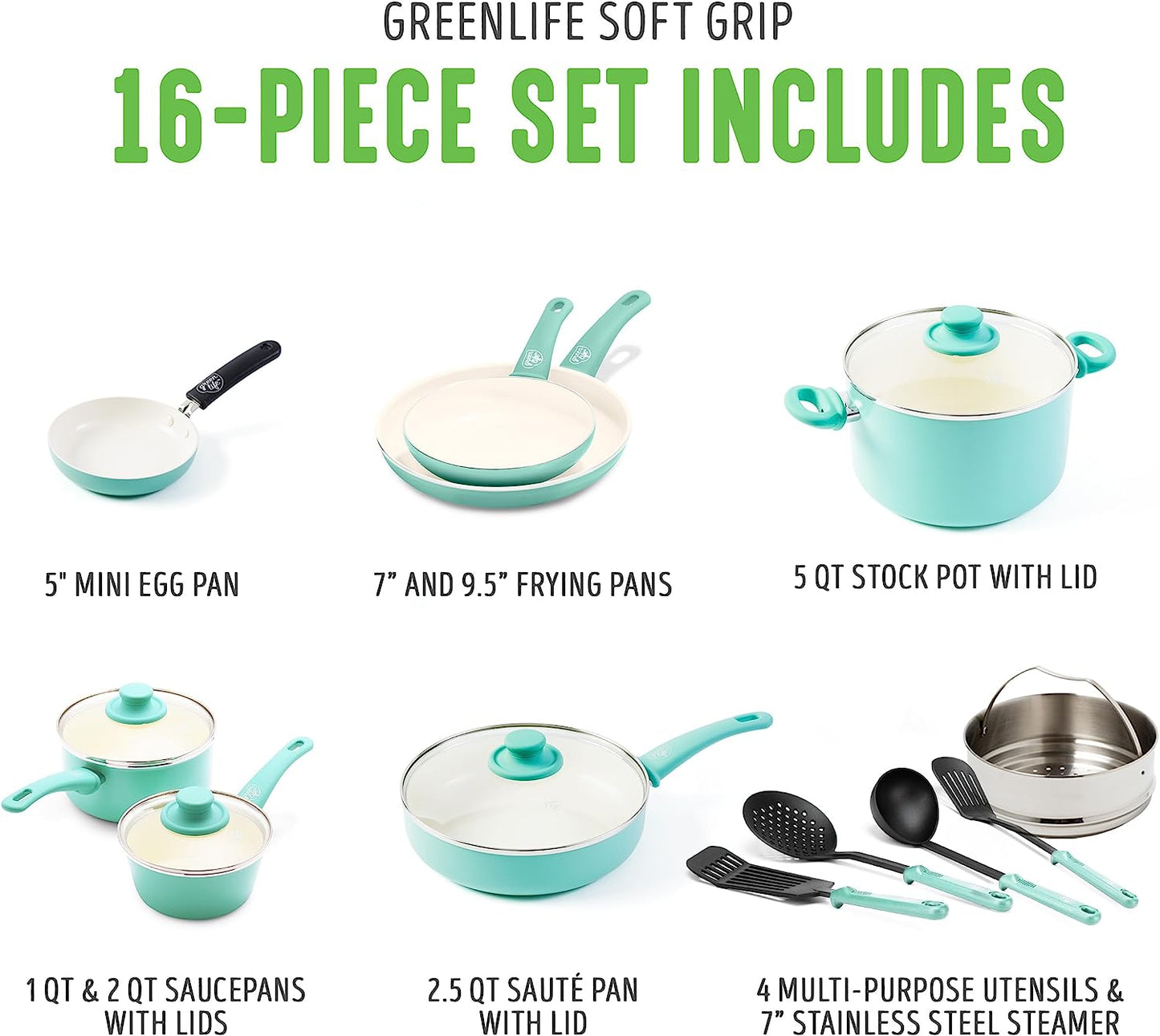 Soft Grip Ceramic Nonstick Cookware Set, 16-Piece, PFAS-Free, Dishwasher Safe, Turquoise