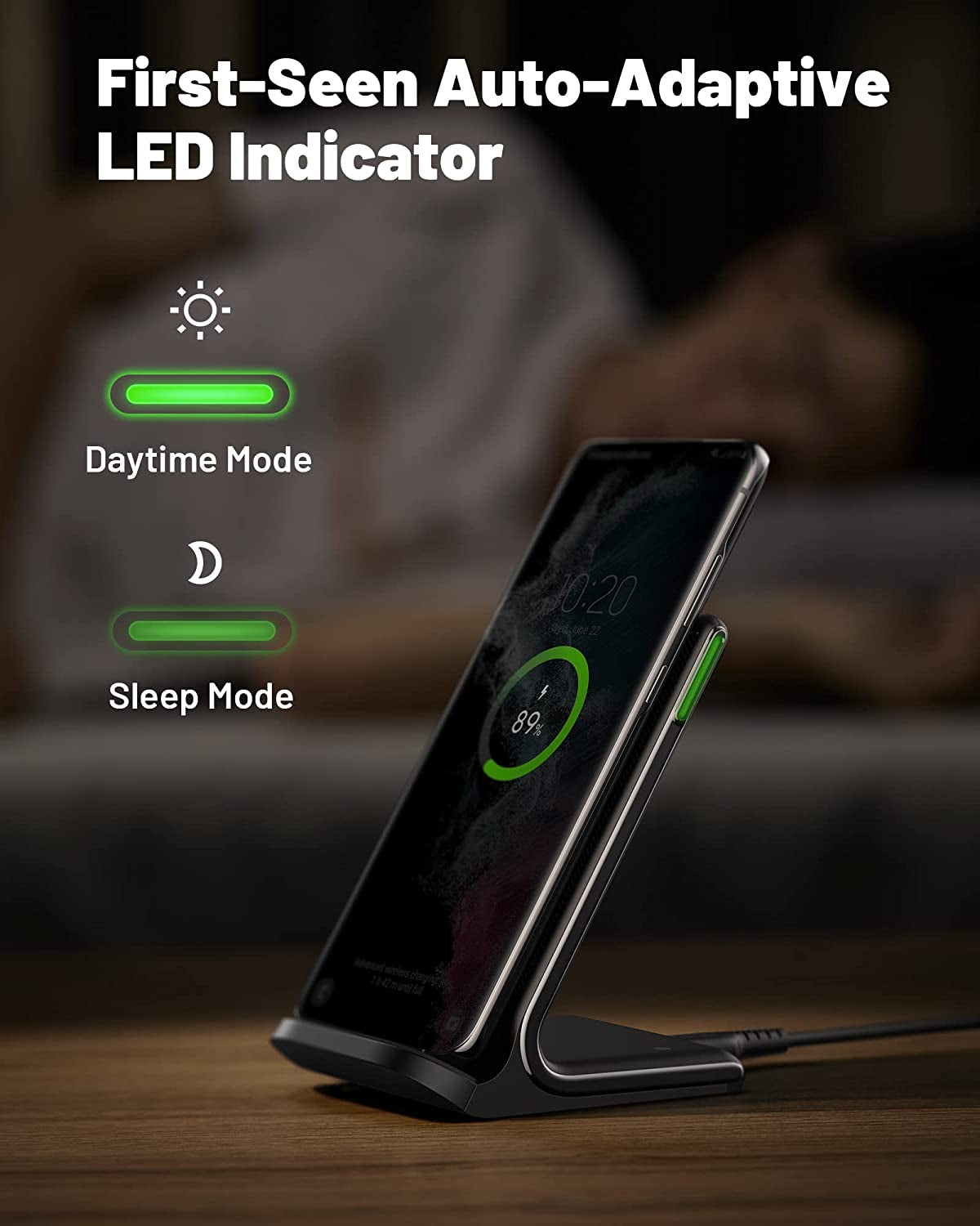 15W Qi-Certified Wireless Charging Stand: Fast Wireless Charger with Sleep-Friendly Adaptive Light. Compatible with iPhone 14, 13, 12 Pro, XR, XS, 8 Plus, Samsung Galaxy S21, S20, Note 20, and Google Phones. Color: Gray.