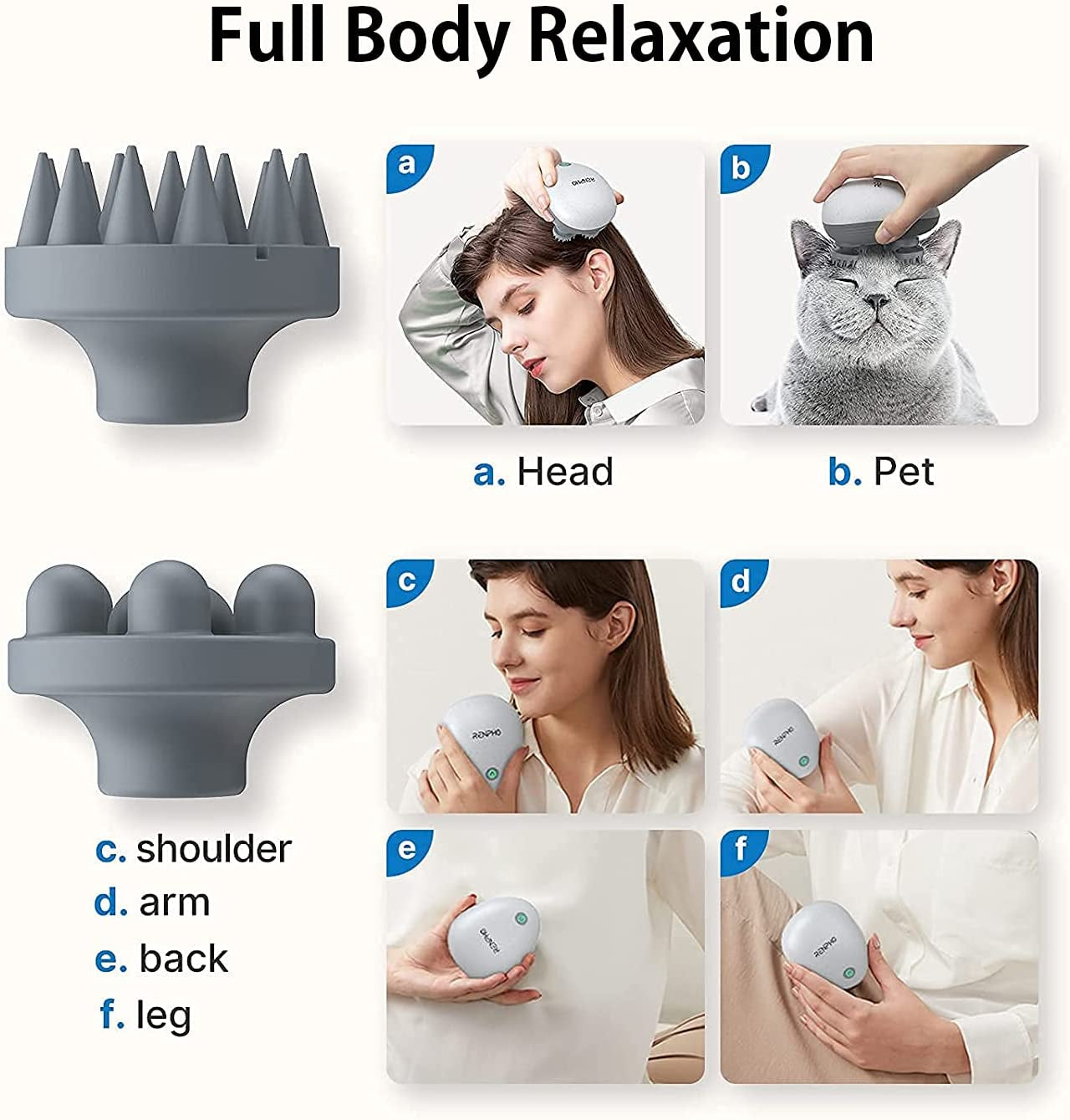 Waterproof Electric Scalp Massager: Portable Head Massager with 4 Replacement Massage Heads for Stress Relief, Deep Cleaning, and Full Body Massage