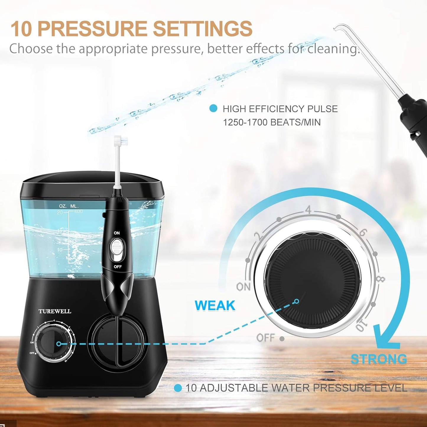 Dental Water Flosser - 600ML Electric Oral Irrigator with 10 Pressure Settings, Countertop Teeth Cleaning Device, 8 Replaceable Jet Tips - Suitable for Whole Families (Black)
