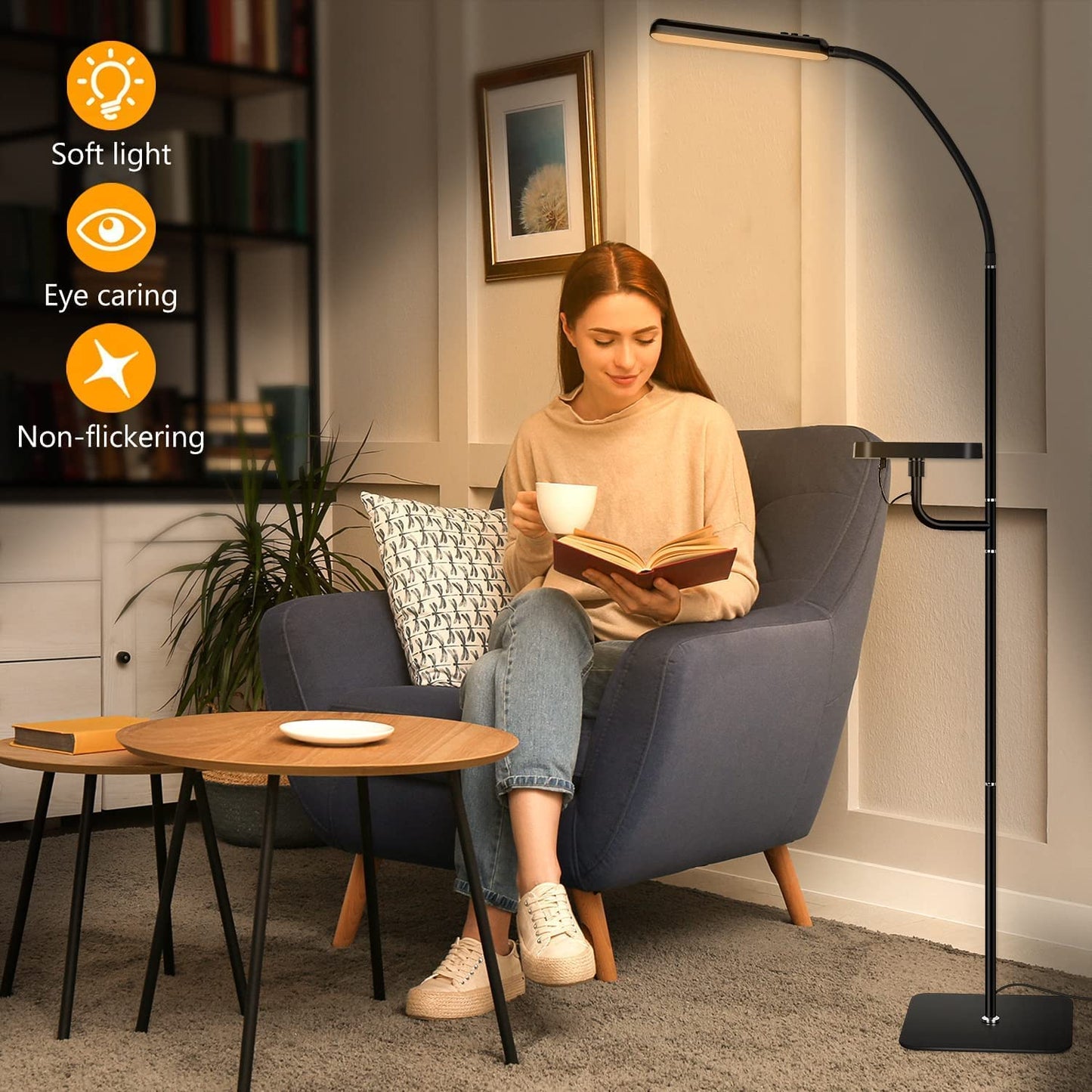 Floor Lamp with Wireless Charger, Flexible Gooseneck Standing Lamp with Timer & Memory Function, 4 Brightness Levels & 4 Colors Dimmable (2700K-6500K) for Home Office Living Bed Room Reading