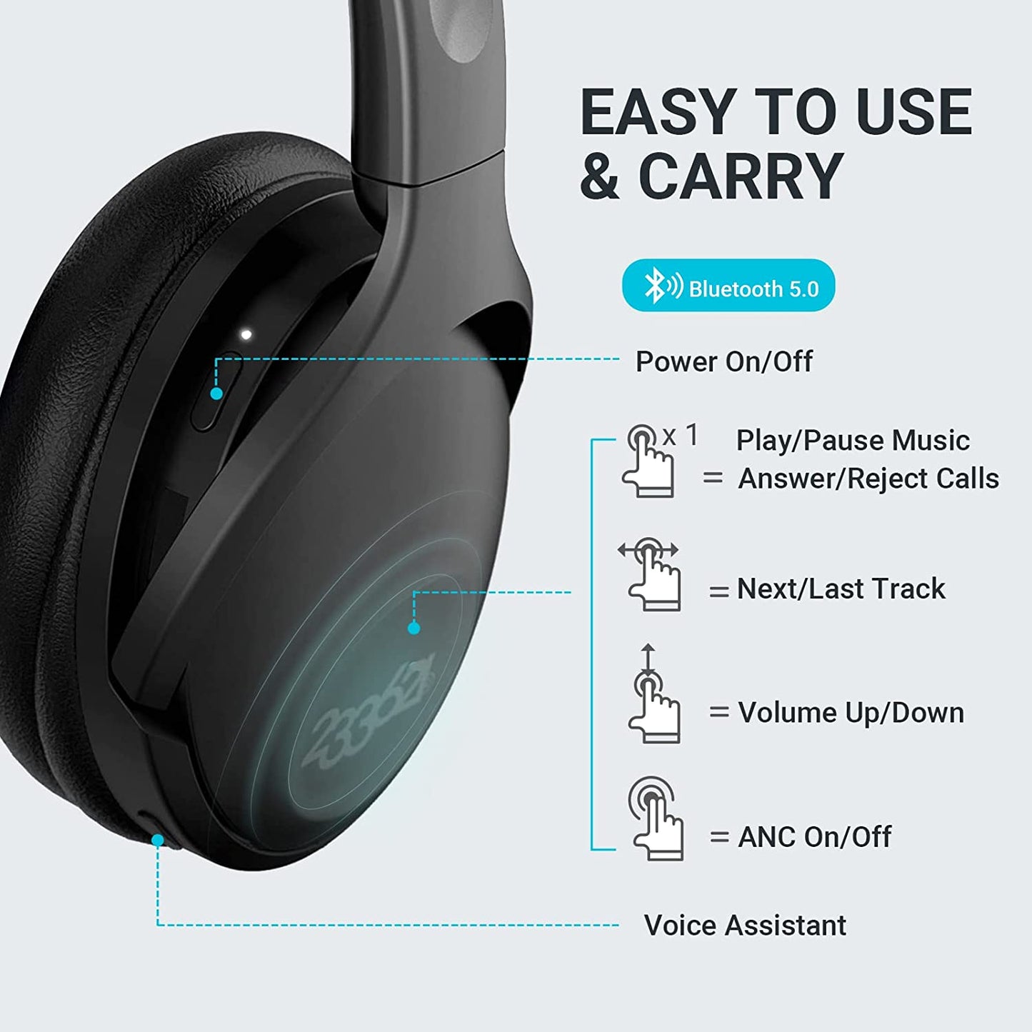 Hush-Onyx Active Noise Cancelling Headphones - Wireless Over-Ear Bluetooth Headphones with 100 Hours of Playtime, Custom App Support, Built-in Mic, Lightweight, Comfortable Fit for Everyday Use