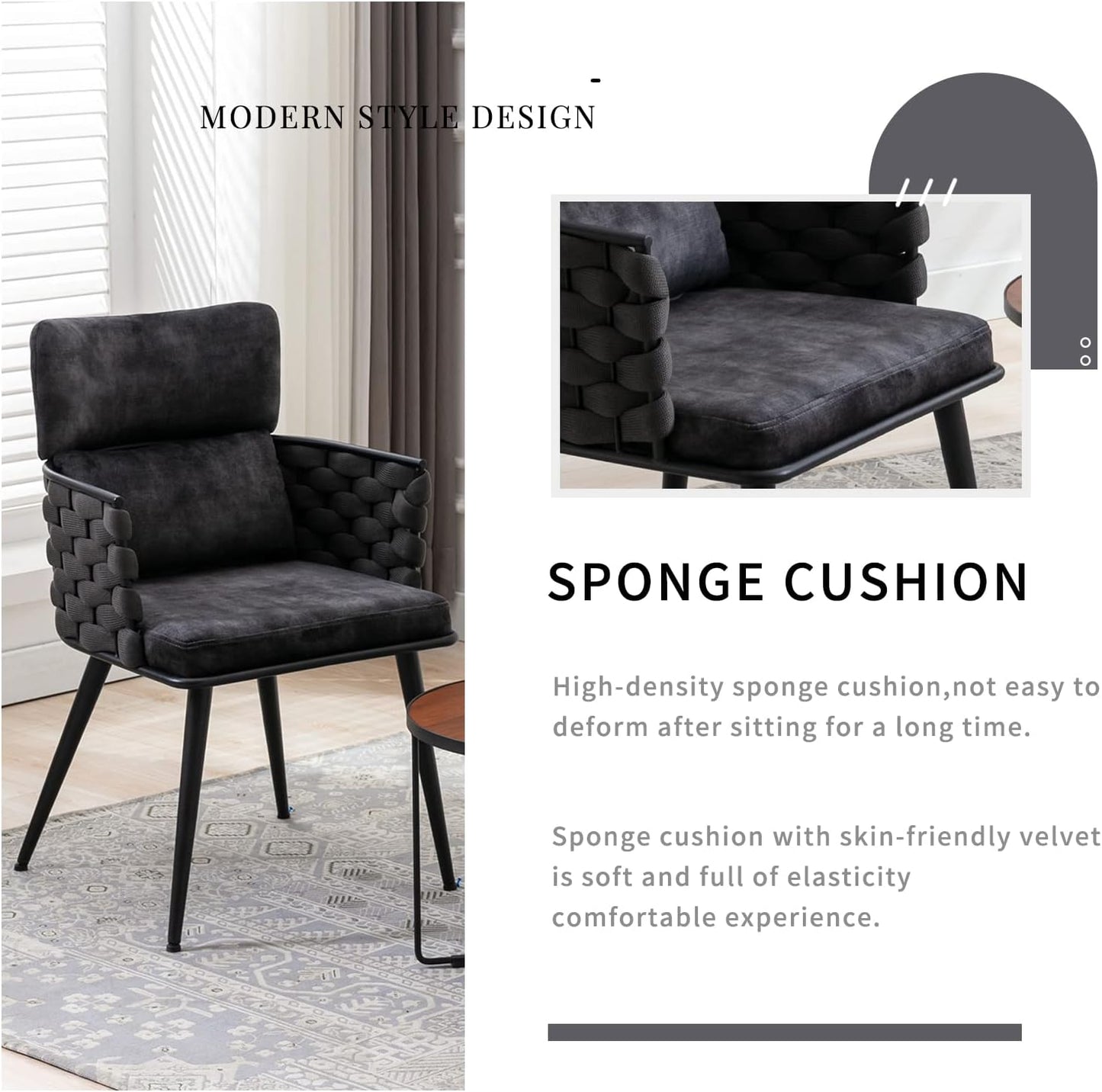 Set of 2 Mid-Century Modern Dining Velvet Chairs - Handmade Woven Kitchen Chairs, with Metal Legs for Kitchen, Dining Room, Living Room