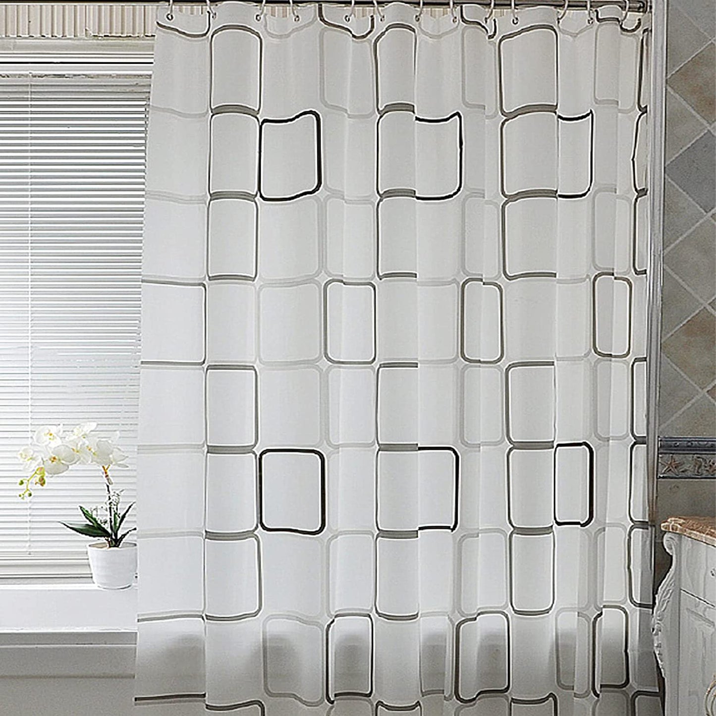 Black and White Lattice Shower Curtain for Bathroom - Contemporary Design - Waterproof - Includes Clear Shower Curtain Hooks Set - Measures 71" x 71" - Enhance Bathroom Decor.