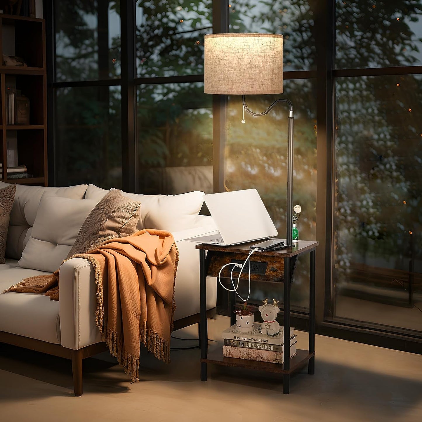 Combination Floor Lamp and End Table: Features Charging Station with USB Ports & Outlets, 3 Color Temperature Reading Light, Nightstand Shelves - Ideal for Living Room, Bedroom, and Small Apartments