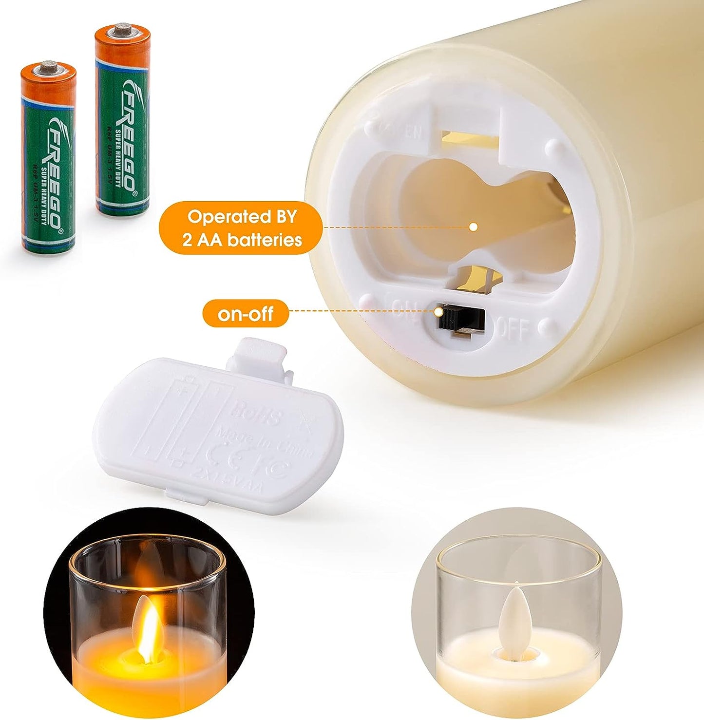 Realistic Candles: 5-Piece Set of Real Wax Dancing Wick Glass Flameless Candles with Remote, 2H 4H 6H 8H Timer, Flicker, Dimmer, Size D: 2'' x H: 5.1'' 5.5'' 6.3'' 7'' 7.9'', Operate by 2 AA Batteries