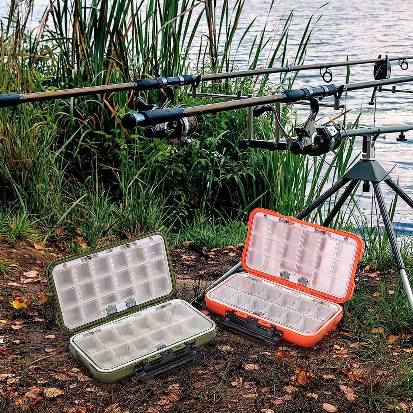 2-Piece Waterproof Fishing Tackle Boxes - Orange, Durable Plastic Storage Containers for Fishing Accessories, Small Lure Case, and Mini Lure Box