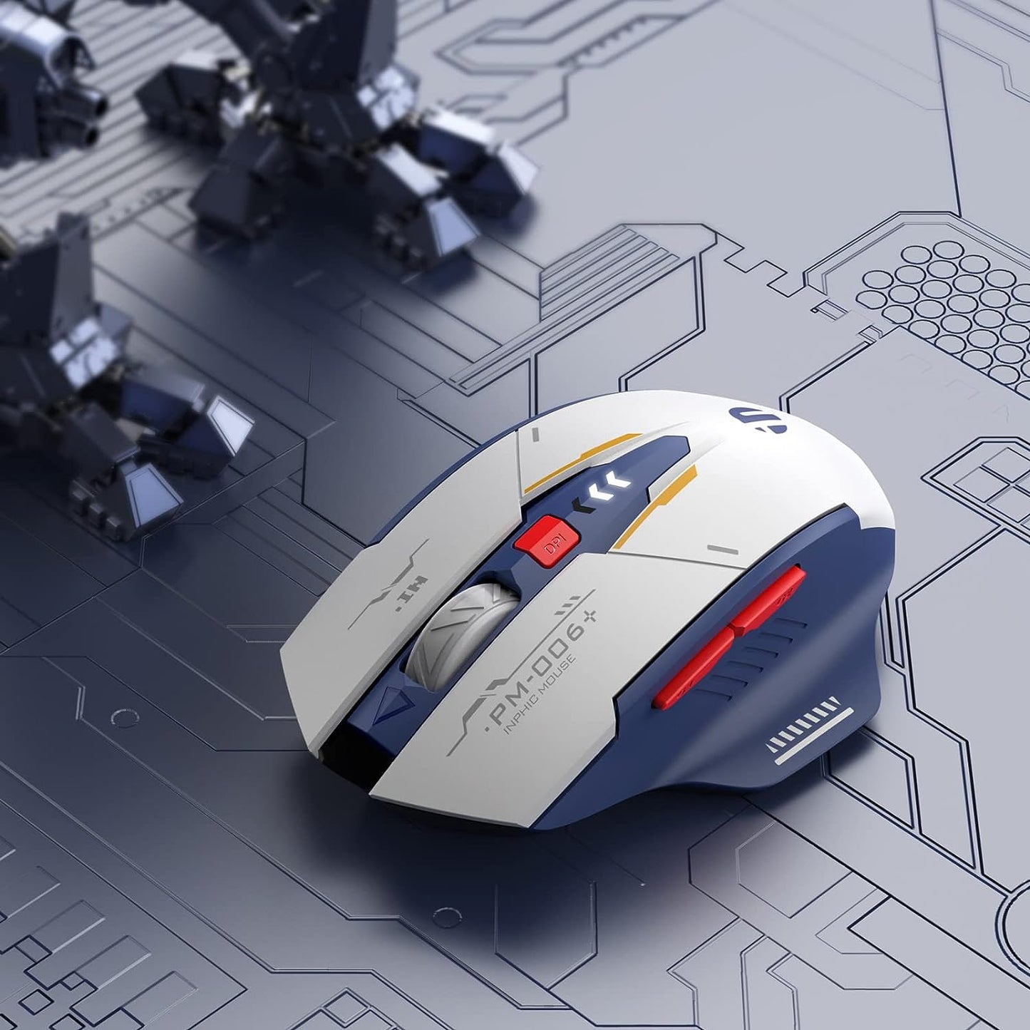 Rechargeable Wireless Mouse - Ergonomic 2.4G USB Wireless Computer Mouse with Silent Operation, Suitable for Laptop and PC, Features 3 Levels of DPI and Visible Battery Level Indicator in Blue and White Color.