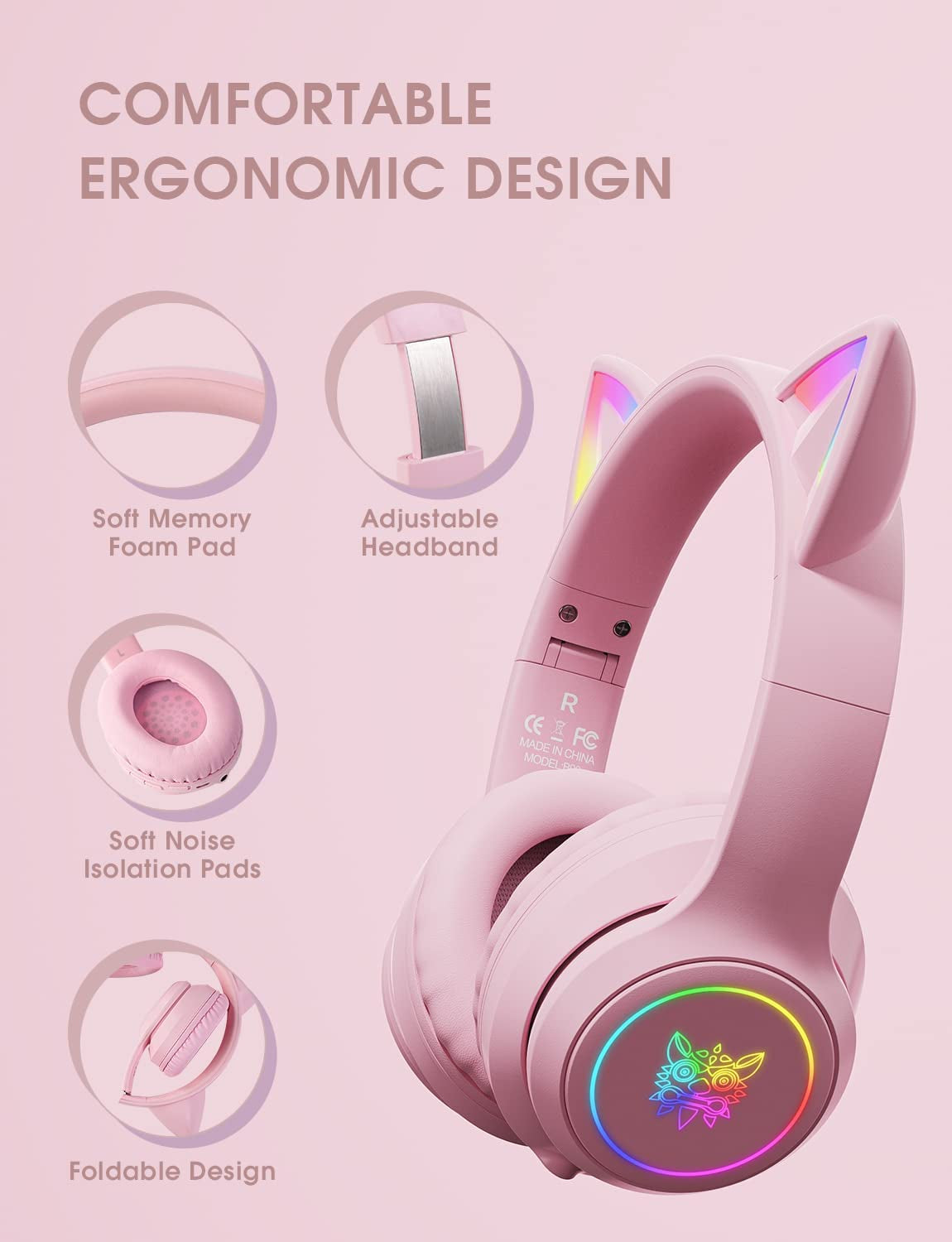 Cat Ear LED Light up Bluetooth Kids Headphones: Wireless Foldable Over-Ear School Headphones with Microphone, 85dB Volume Limiting, HI-FI Sound, for iPhone/iPad/Laptop/PC, Toddlers Study Headphones