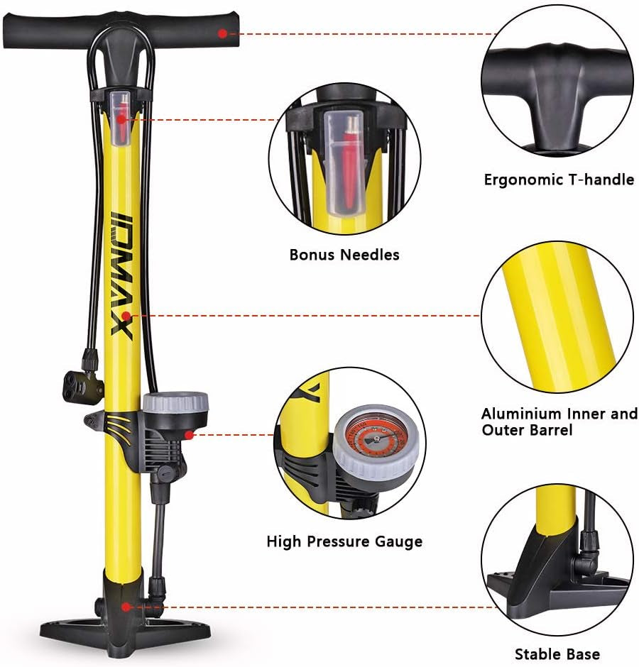 Ergonomic Bike Floor Pump - Portable Bicycle Tire Inflator with Gauge & Smart Valve Head - Compatible with Universal Presta and Schrader Valve - Yellow & Black Design.