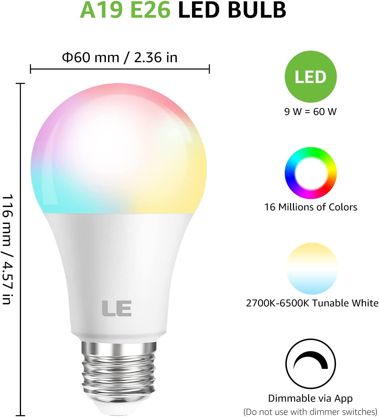 Smart Light Bulbs: Bluetooth Color Changing Bulbs, Dimmable via App (Bluetooth, not WiFi), Equivalent to 60 Watts, A19 E26 RGB Bulb for Bedroom, Home, Party, and More.