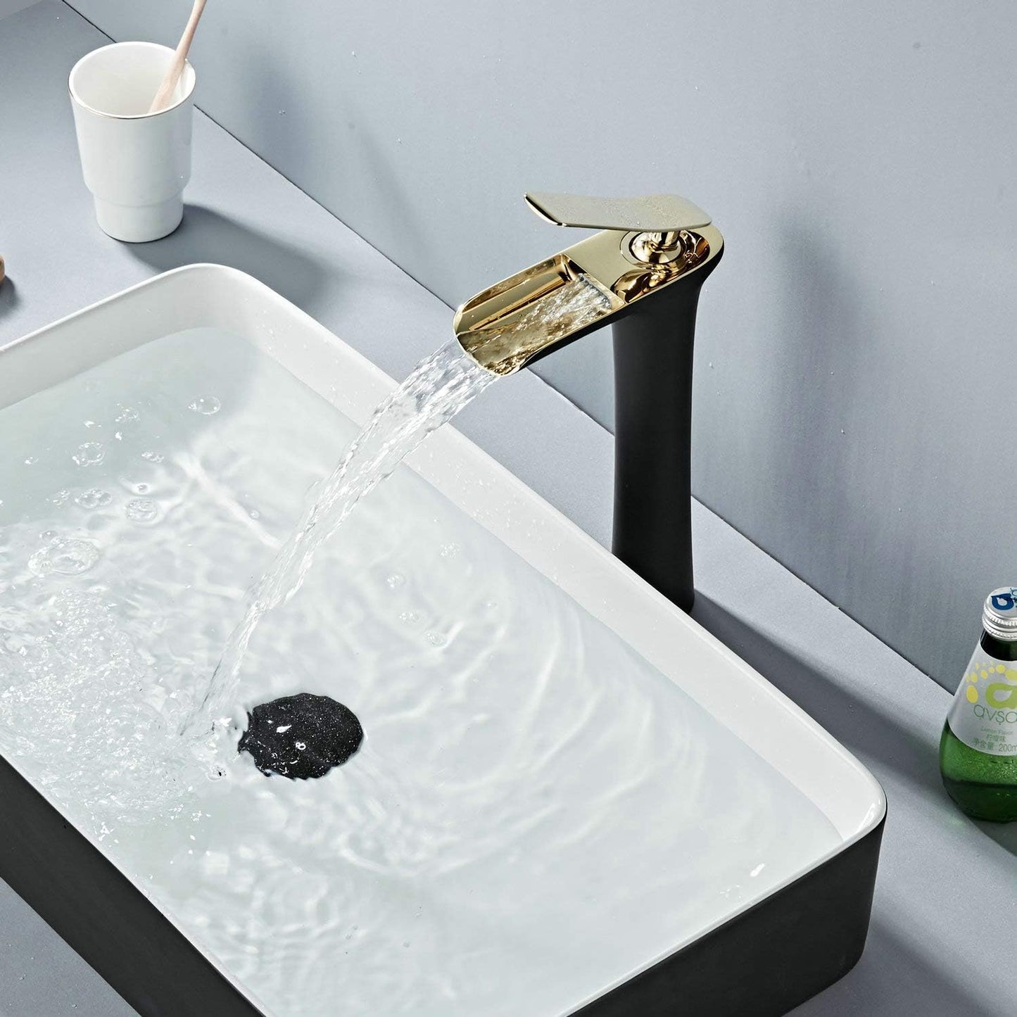 Waterfall Faucet Tall Body Black/Gold Single Handle - 1 Hole Mount with pop up Drain